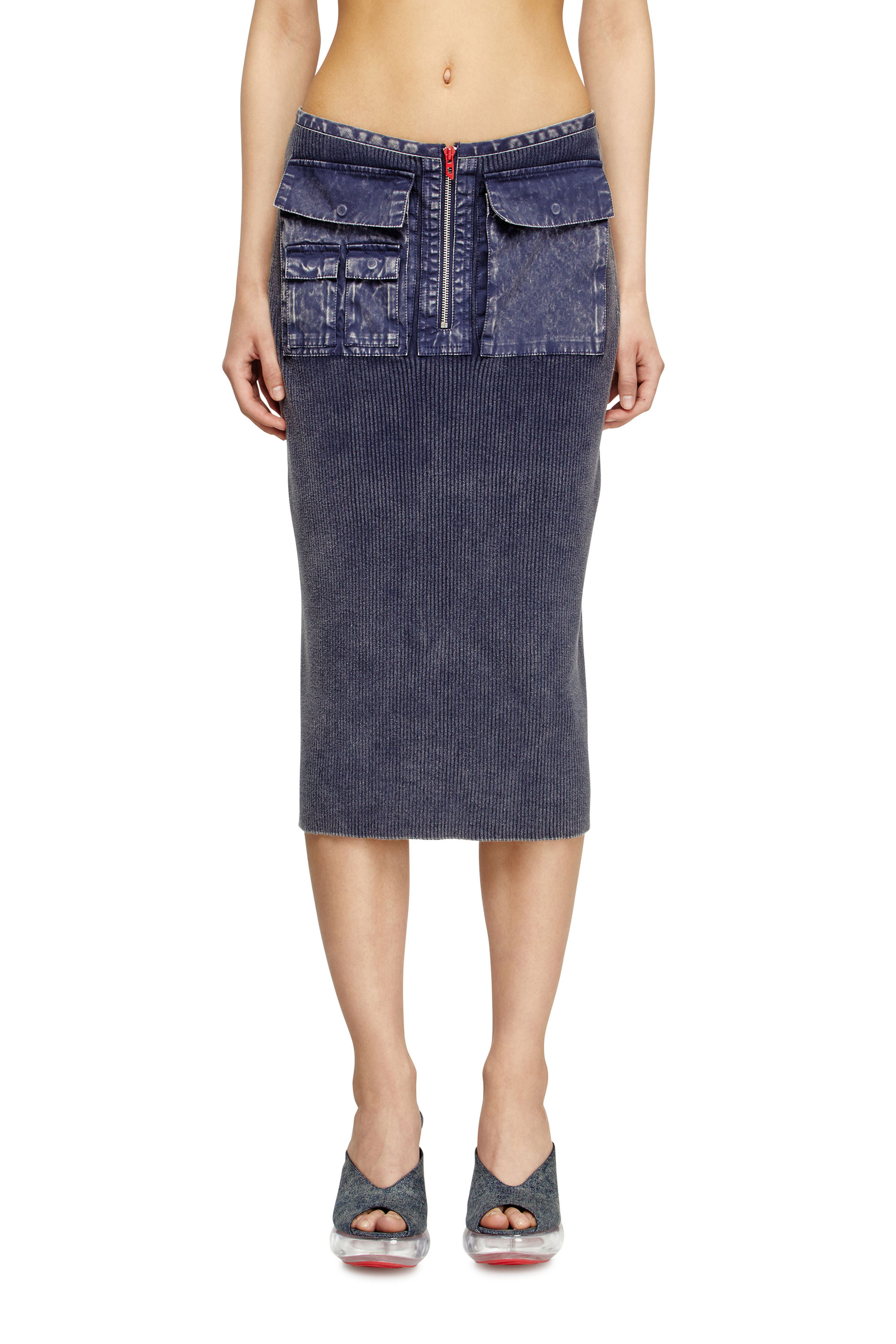 Diesel - M-MERYN, Woman's Knit midi skirt with denim cargo pockets in Blue - 2