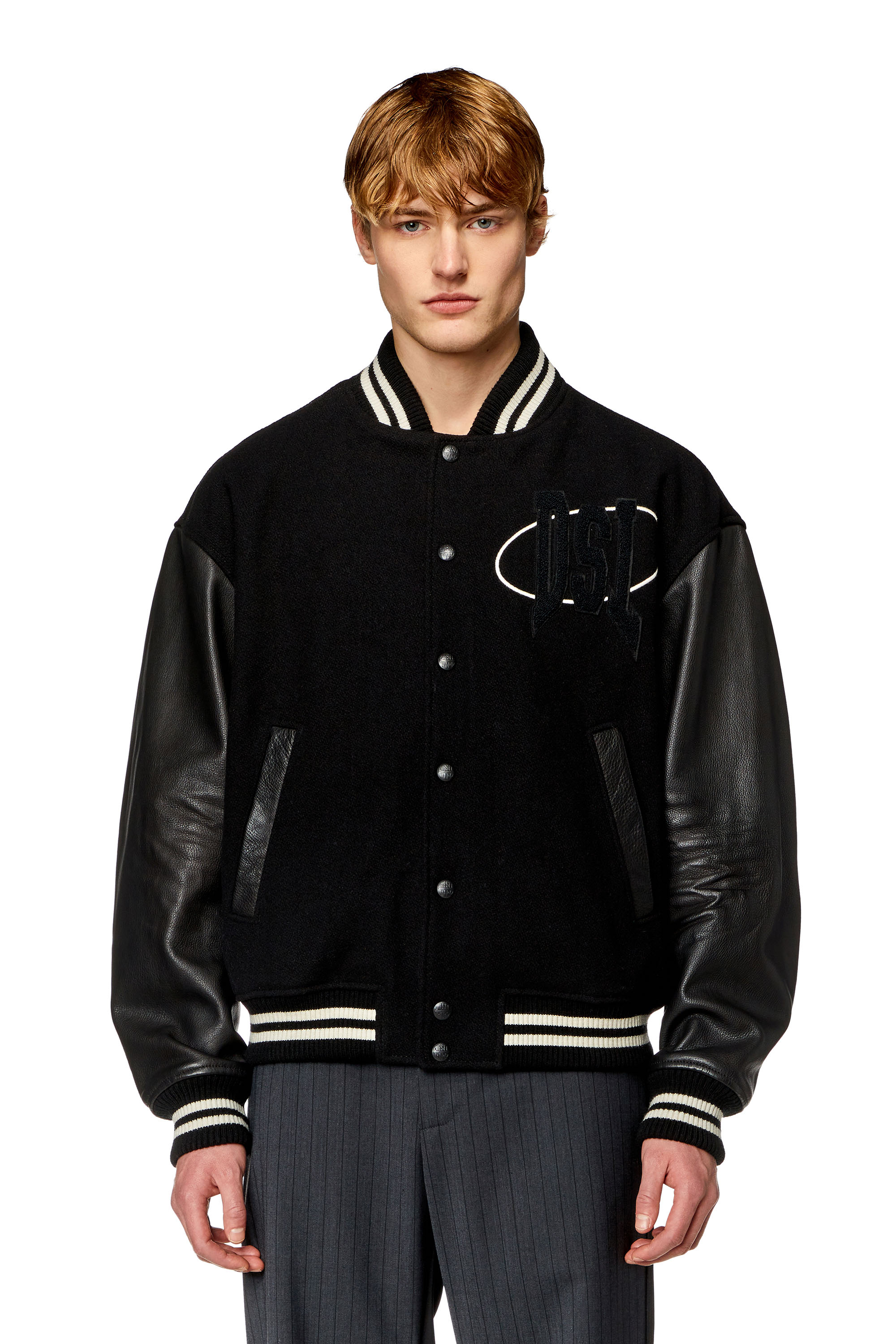 Diesel - L-FRANZ-PATCH, Man's Varsity bomber jacket in wool and leather in Black - 6