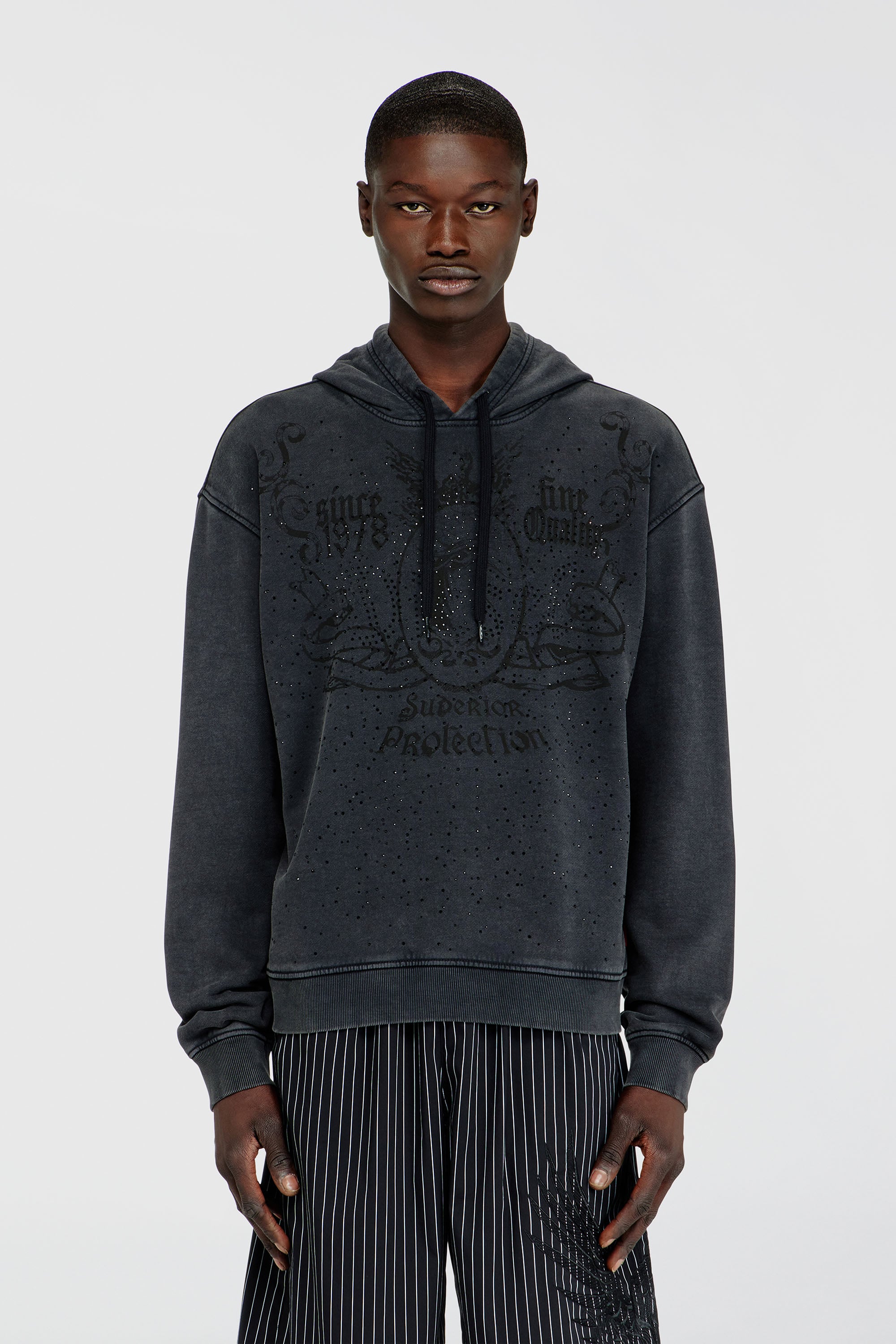 Diesel - S-NORM-HOOD-AA3, Male's Printed hoodie with rhinestone studs in Dark Grey - 1