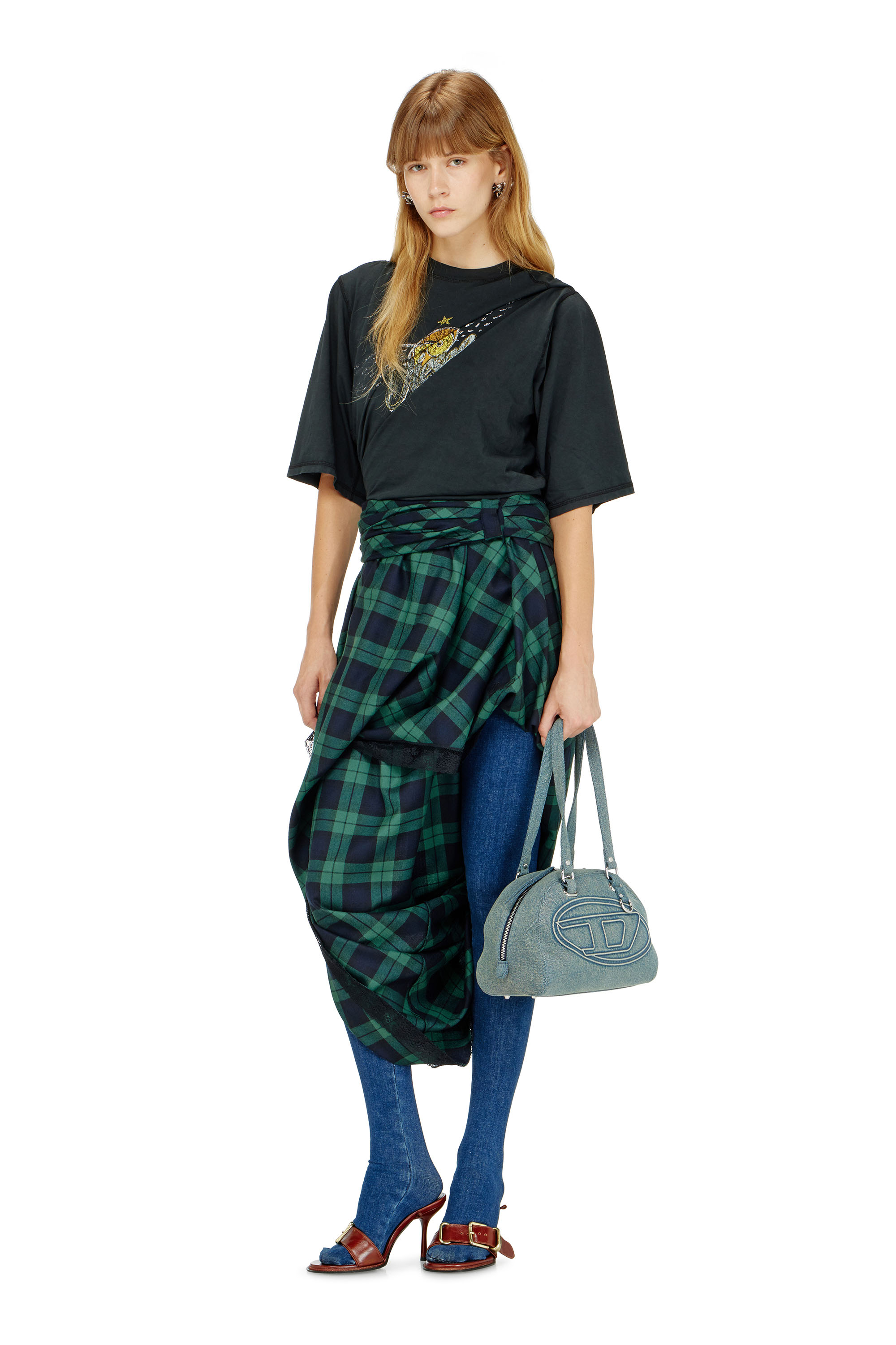Diesel - O-WINNY, Female's Draped tartan midi skirt with lace trim in null - 1