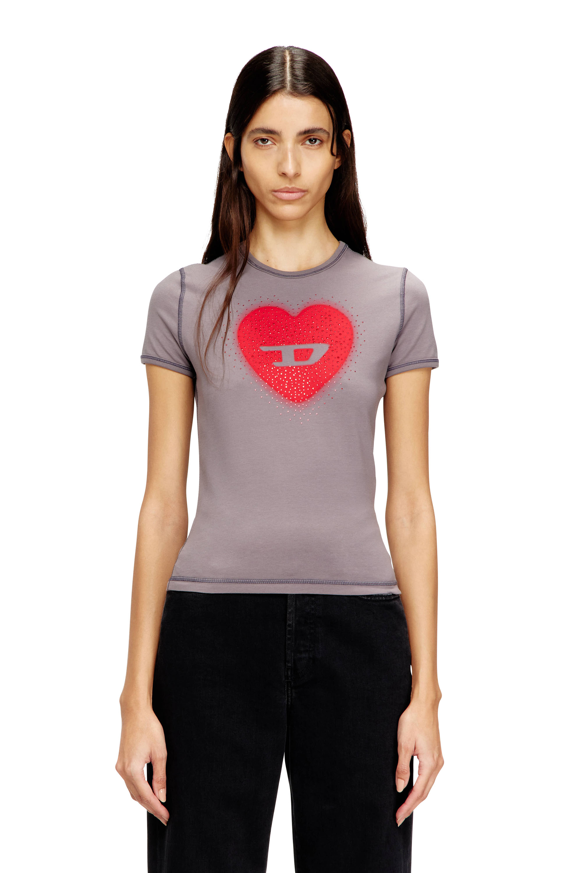 Diesel - T-UNCUTIES-LONG-S5, Woman's Slim T-shirt with heart print and studs in null - 1
