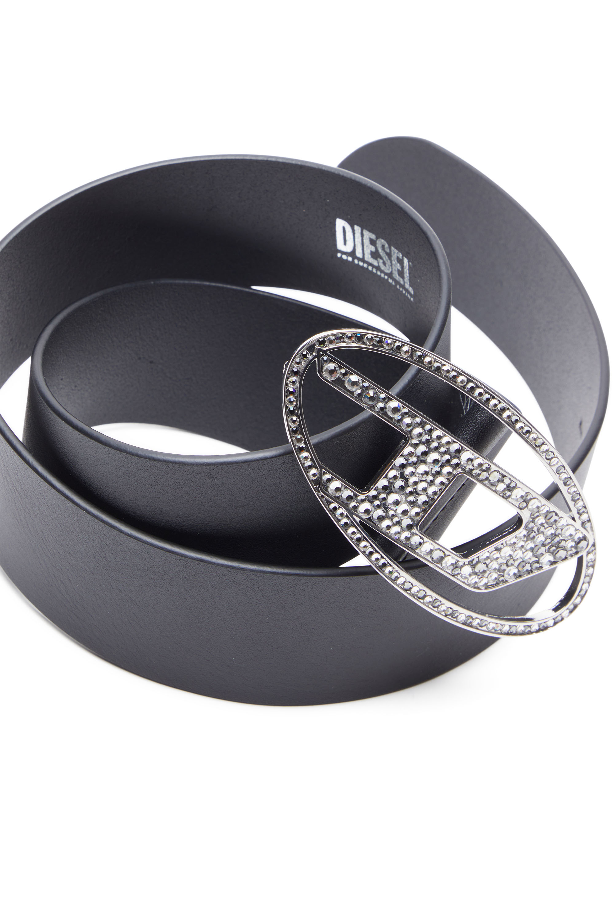 Women's Leather belt with crystal logo buckle | Black | Diesel