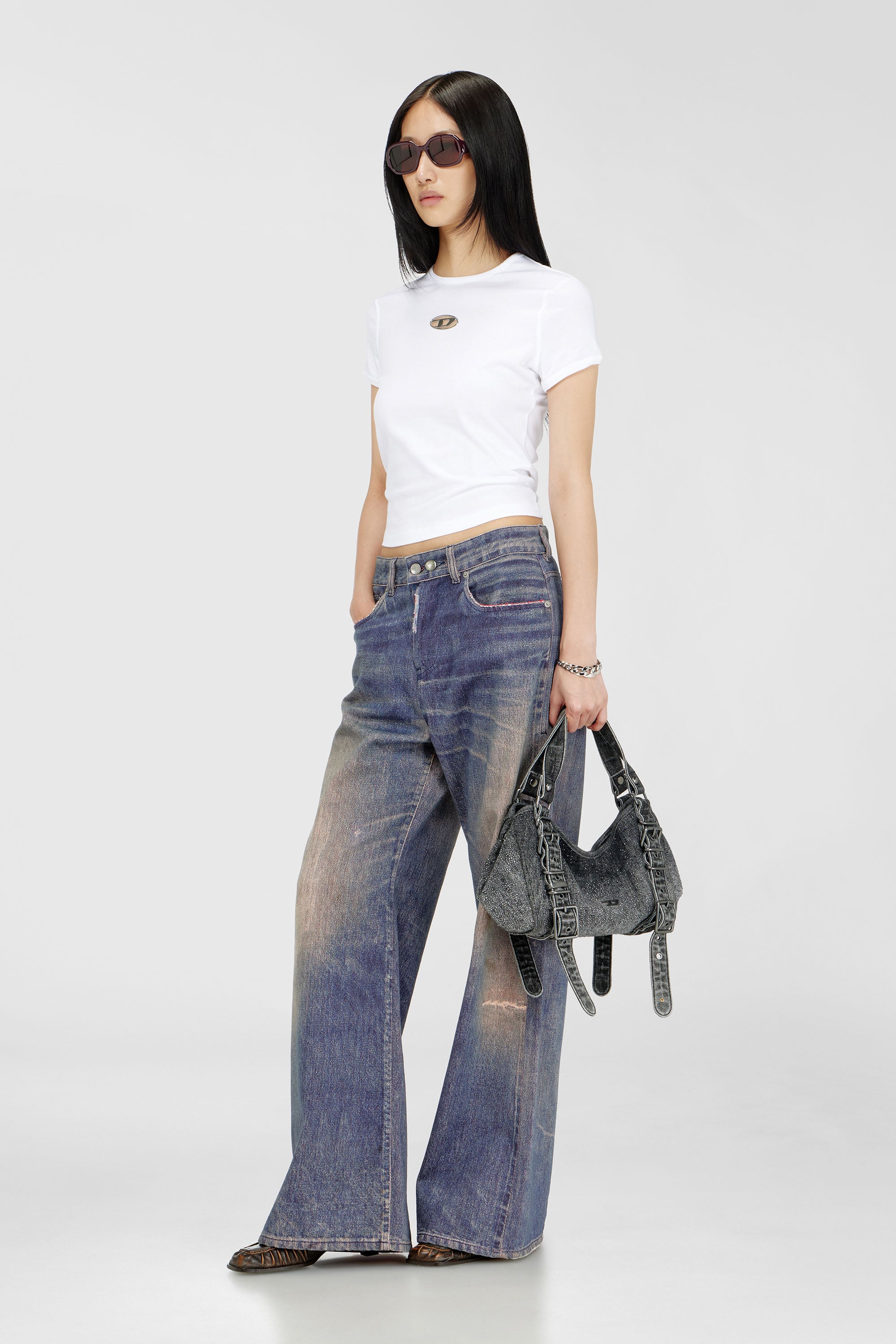 Diesel - D-ONE TOPHANDLE S, D-One-Bolso small con asa superior de denim solarizado con cristales Mujer in Negro - 1