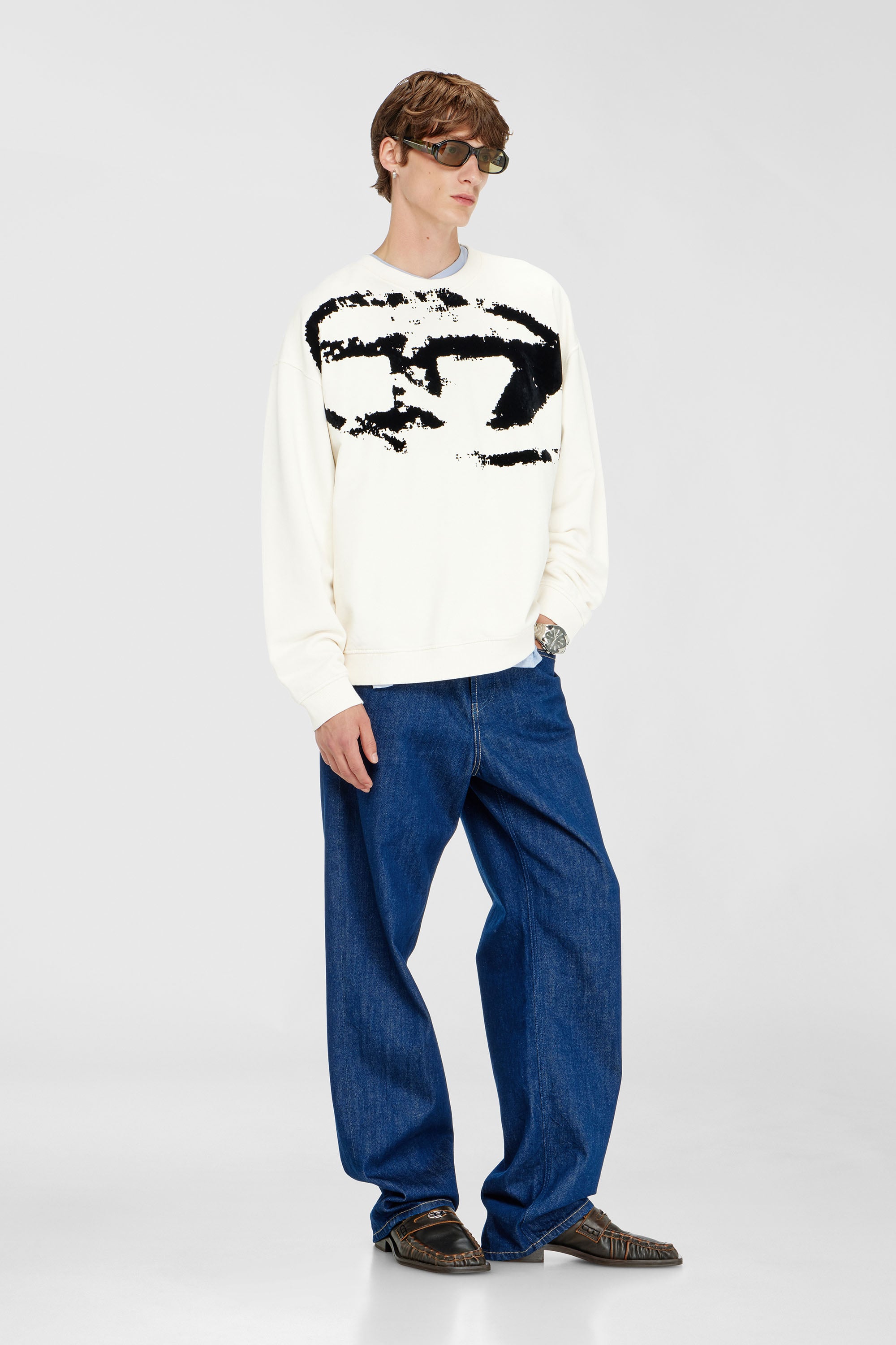 Diesel - S-BOXT-N5, Male's Cotton sweatshirt with flocked Oval D in Black/White - 2