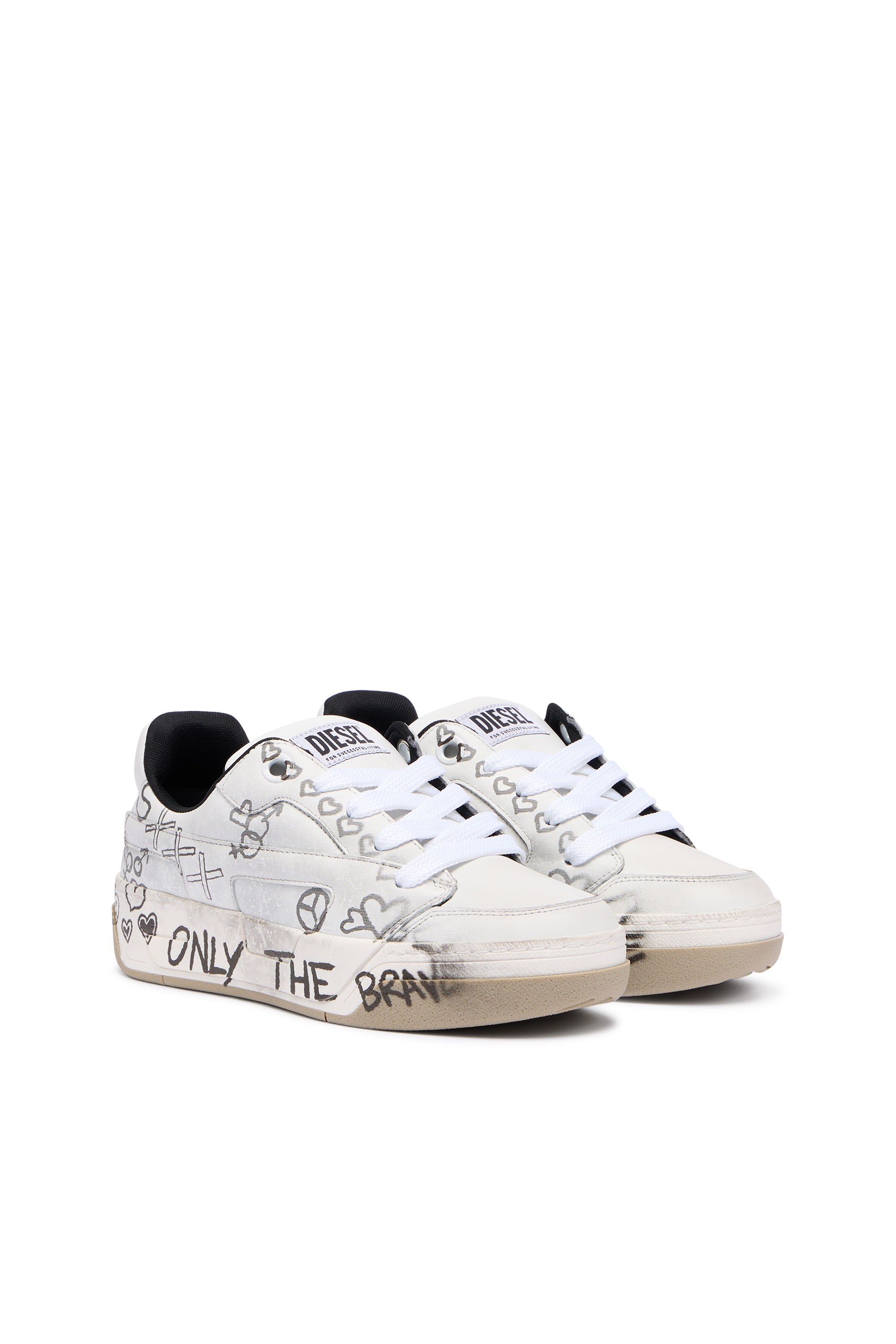 Diesel - S-D-OLLIE LOW W, Female's D-Ollie-Leather sneakers with graffiti print in White/Brown - 2