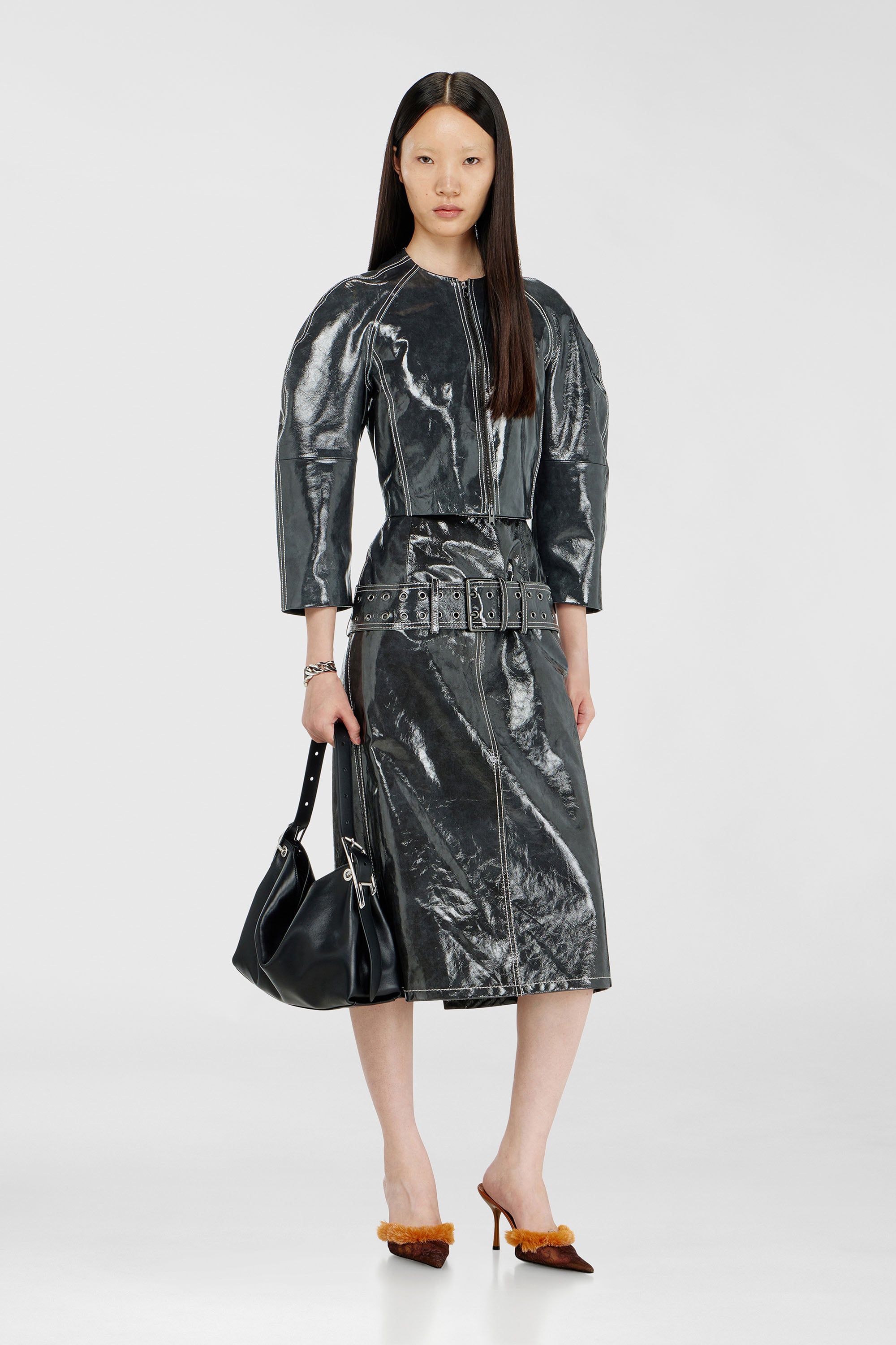 Diesel - L-ASCAR, Female's Patent-leather midi skirt with belt in Dark Grey - 1