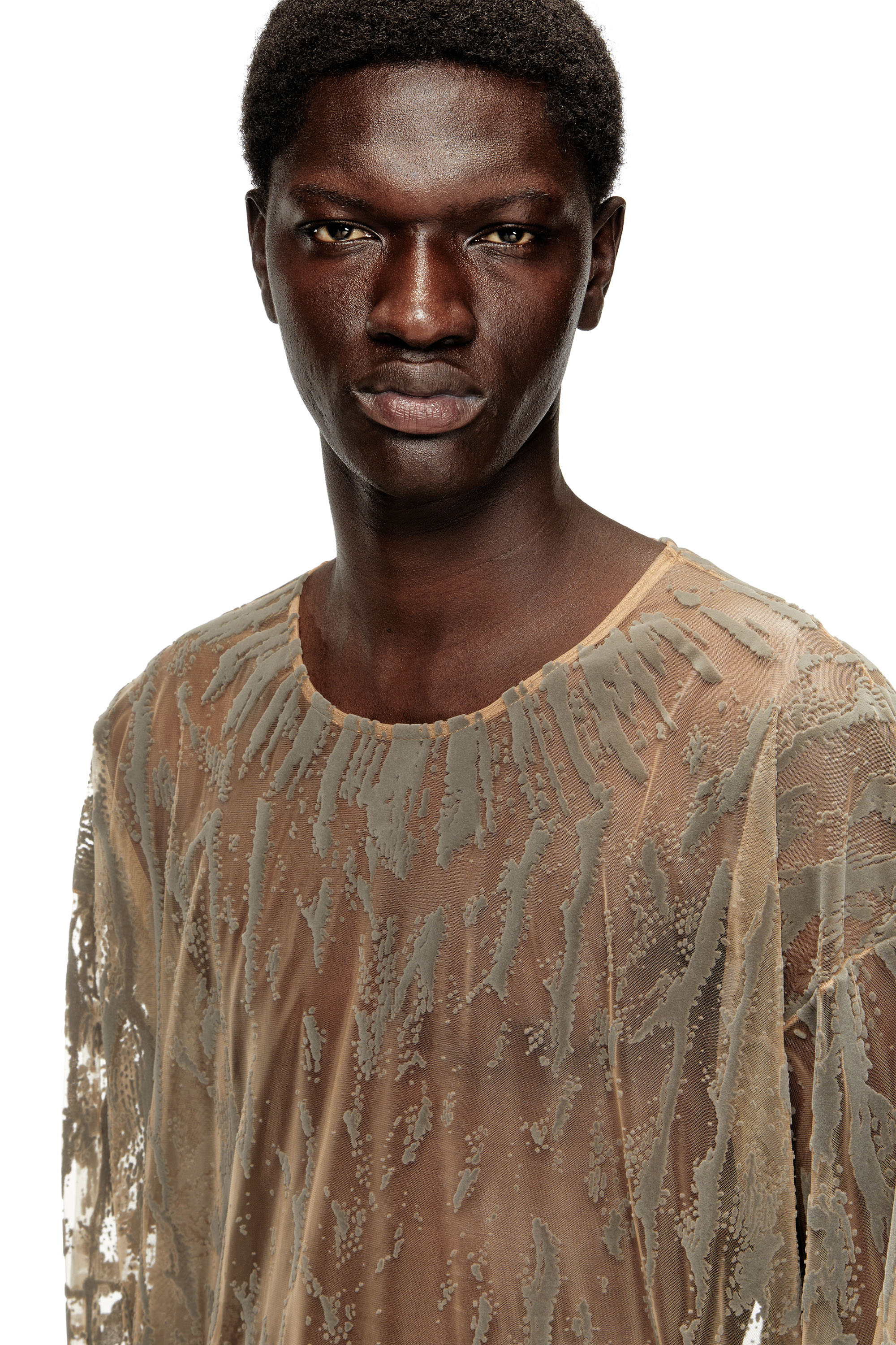 Diesel - T-TARAS, Man's Long-sleeve top in flocked tulle in Light Grey - 5