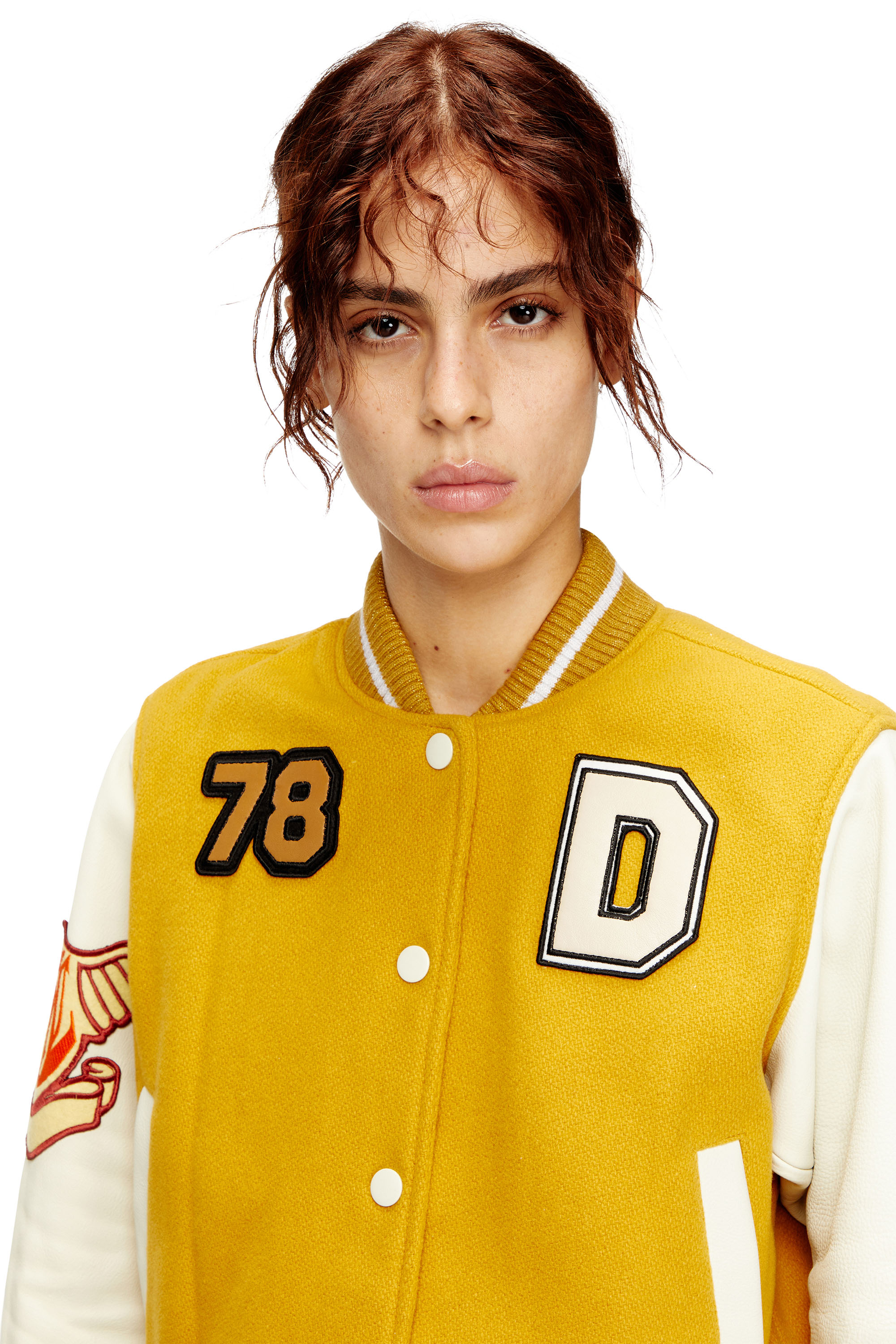 Diesel - L-REAL-CP, Female's Cropped varsity jacket in wool and leather in White/Yellow - 4