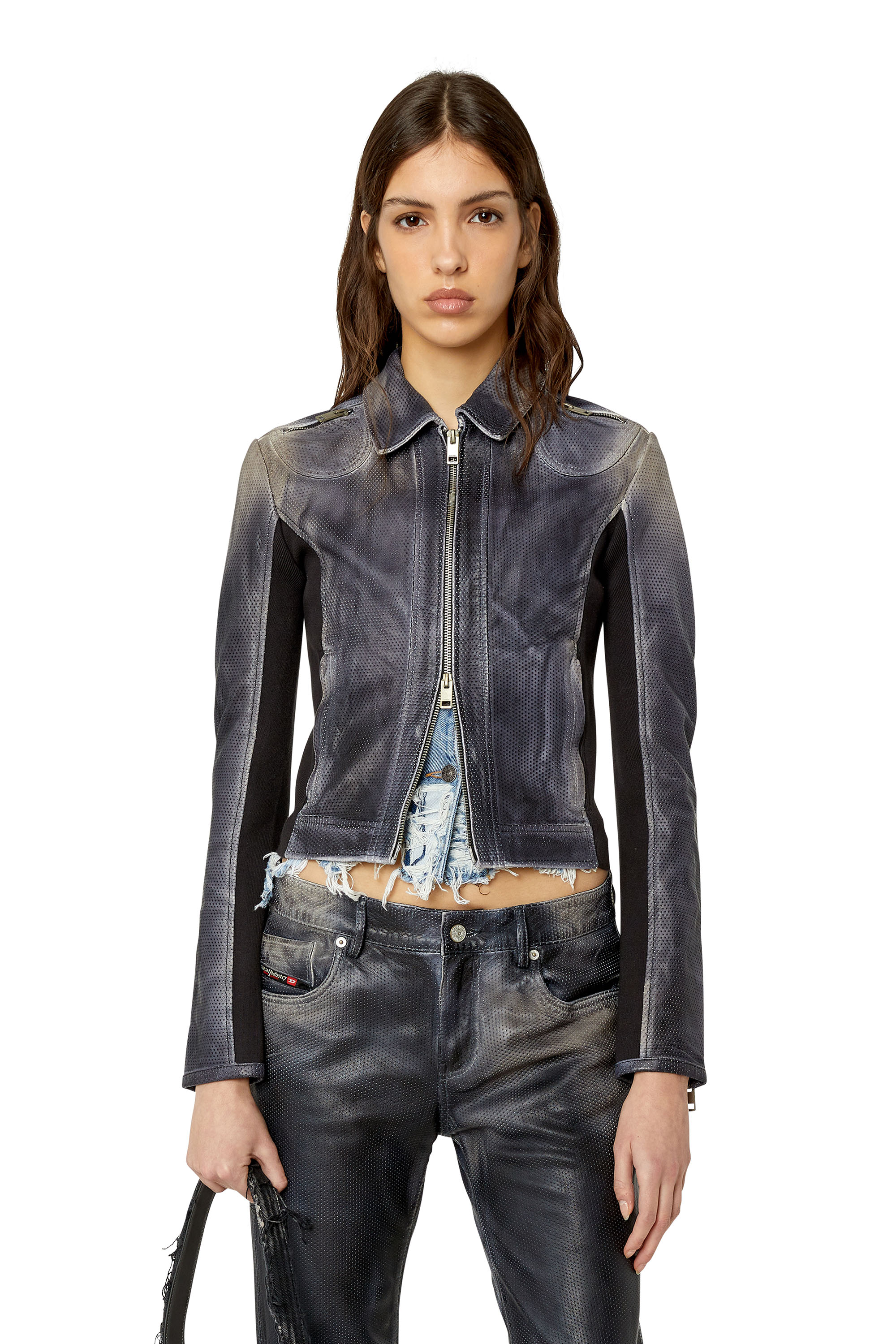 Diesel - L-TAFY, Woman's Panelled perforated-leather jacket in Black - 3