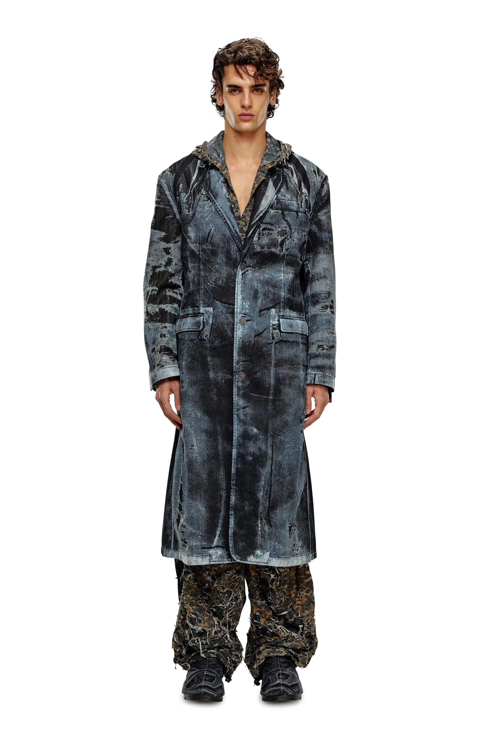 Diesel - D-BLA-LONG-DEV-FSE, Manteau en denim &agrave; fines rayures Homme in Bleu - 1