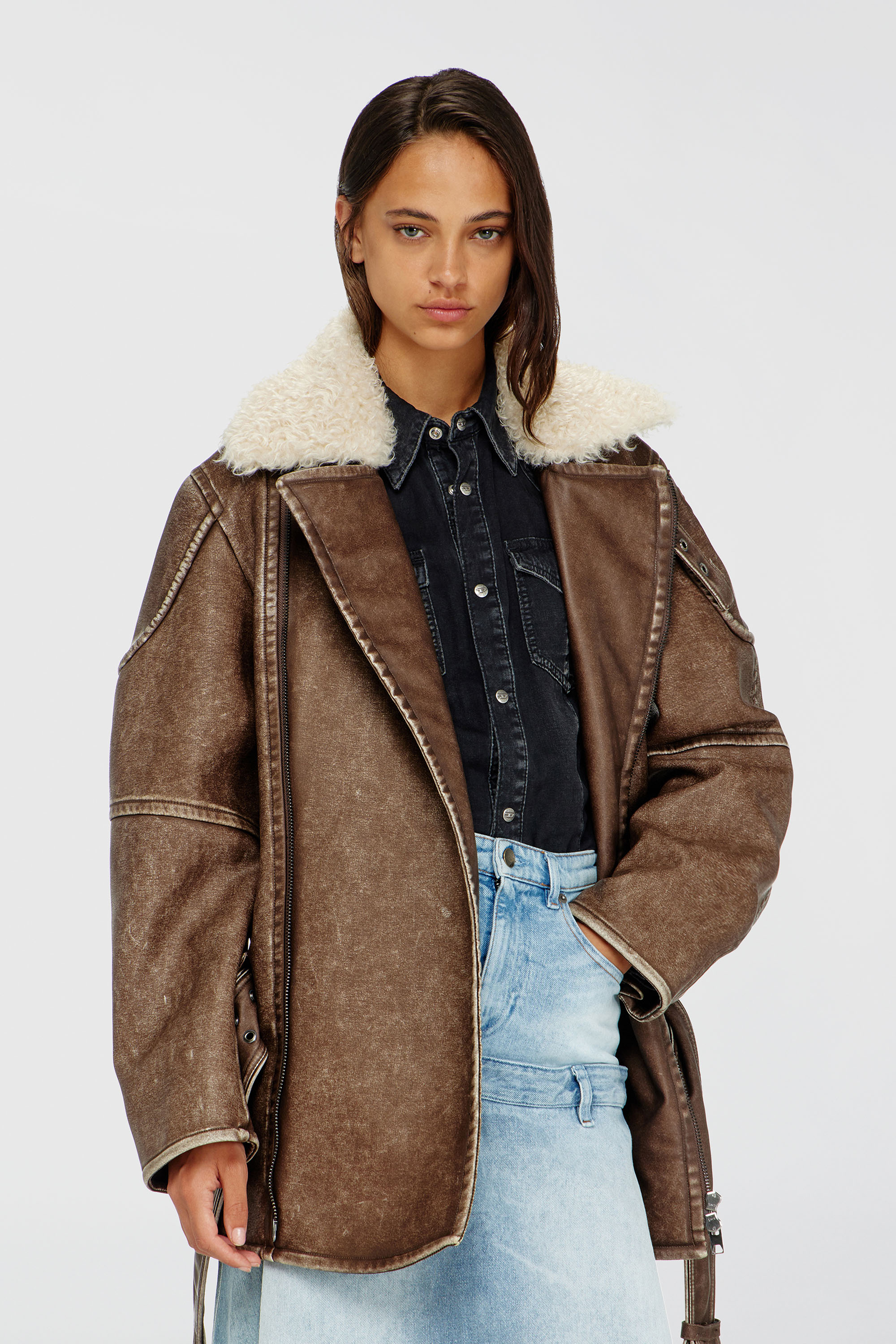 Diesel - G-EYSER, Female's Double-breasted aviator-biker coat in Brown - 6