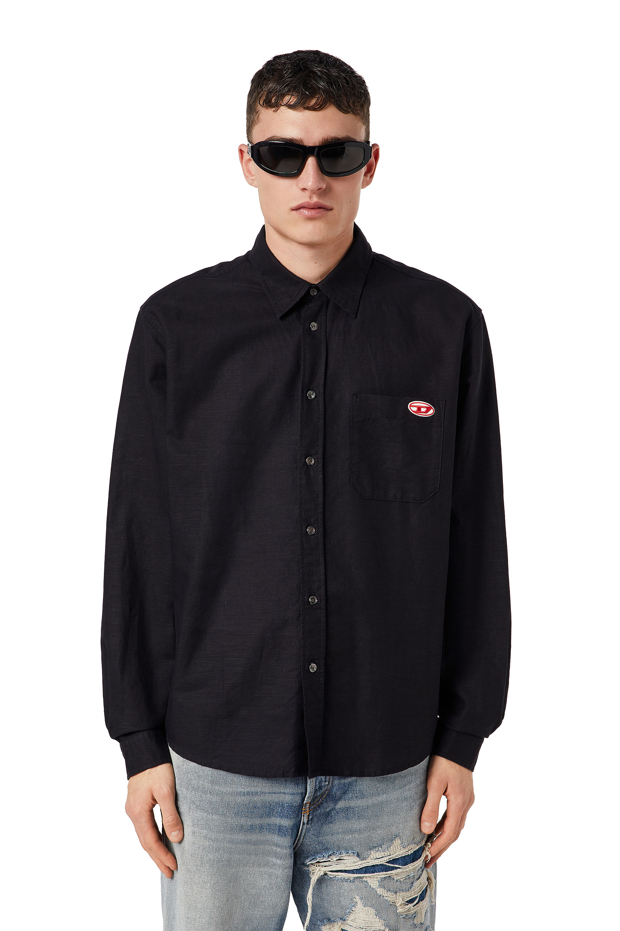 Diesel - S-UMBE, Camisa de manga larga de algod&oacute;n y c&aacute;&ntilde;amo Hombre in Negro - 2