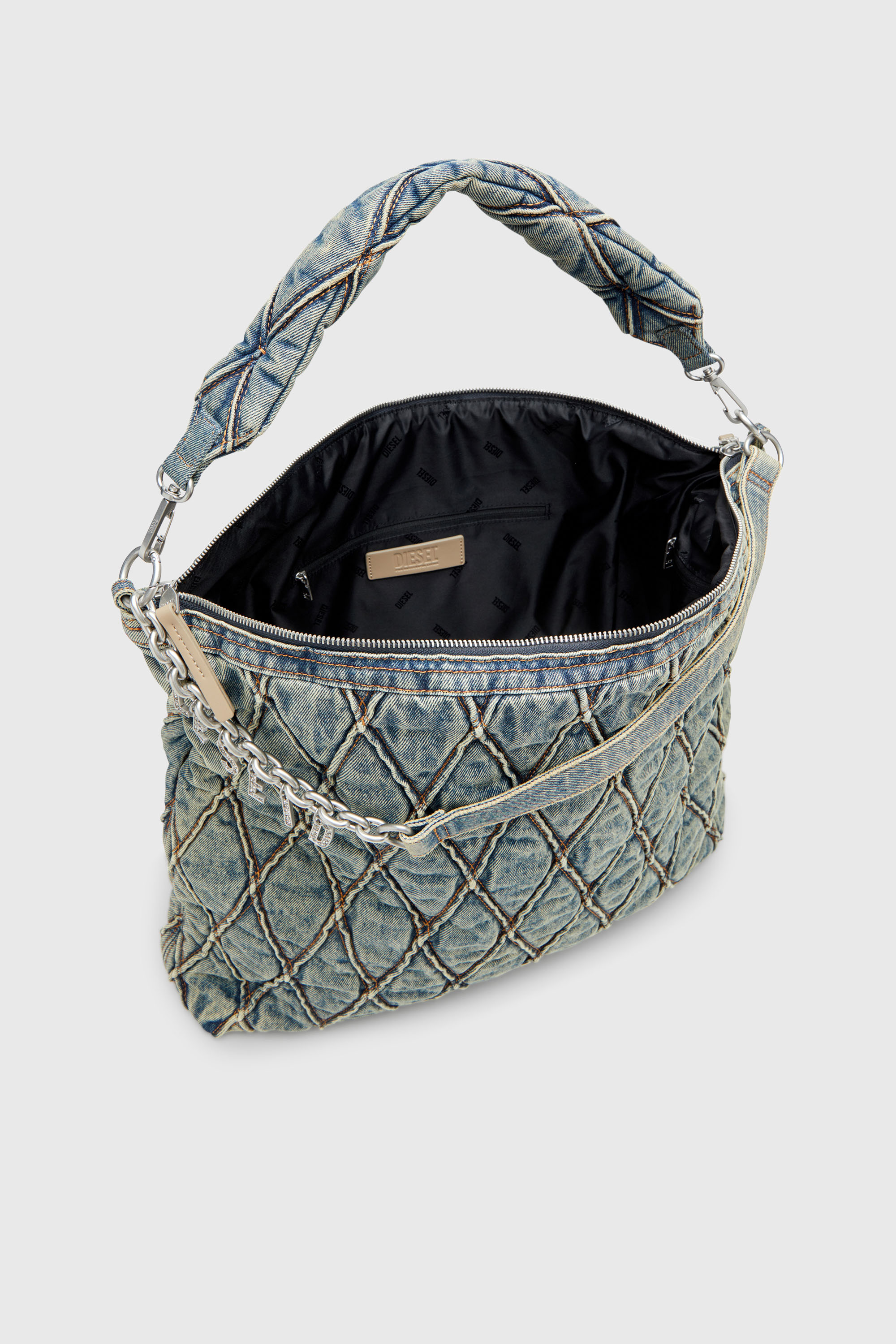 Diesel - CHARM-D HOBO, Woman's Charm-D-Large hobo in argyle quilted denim in Blue - 4