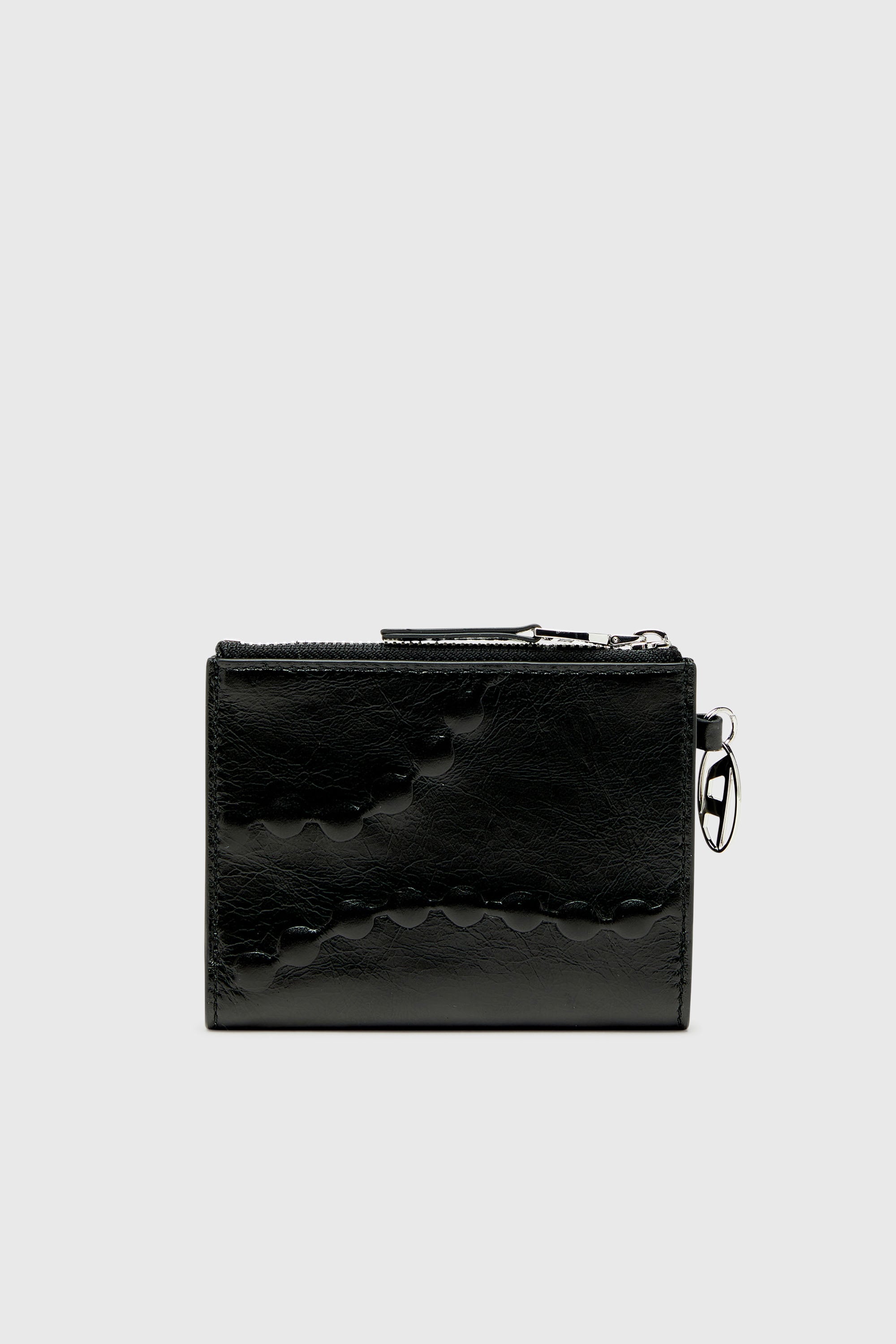 Diesel - OVAL-D BI FOLD ZIP II, Female's Leather bi-fold wallet with embossed chain motif in Black - 2