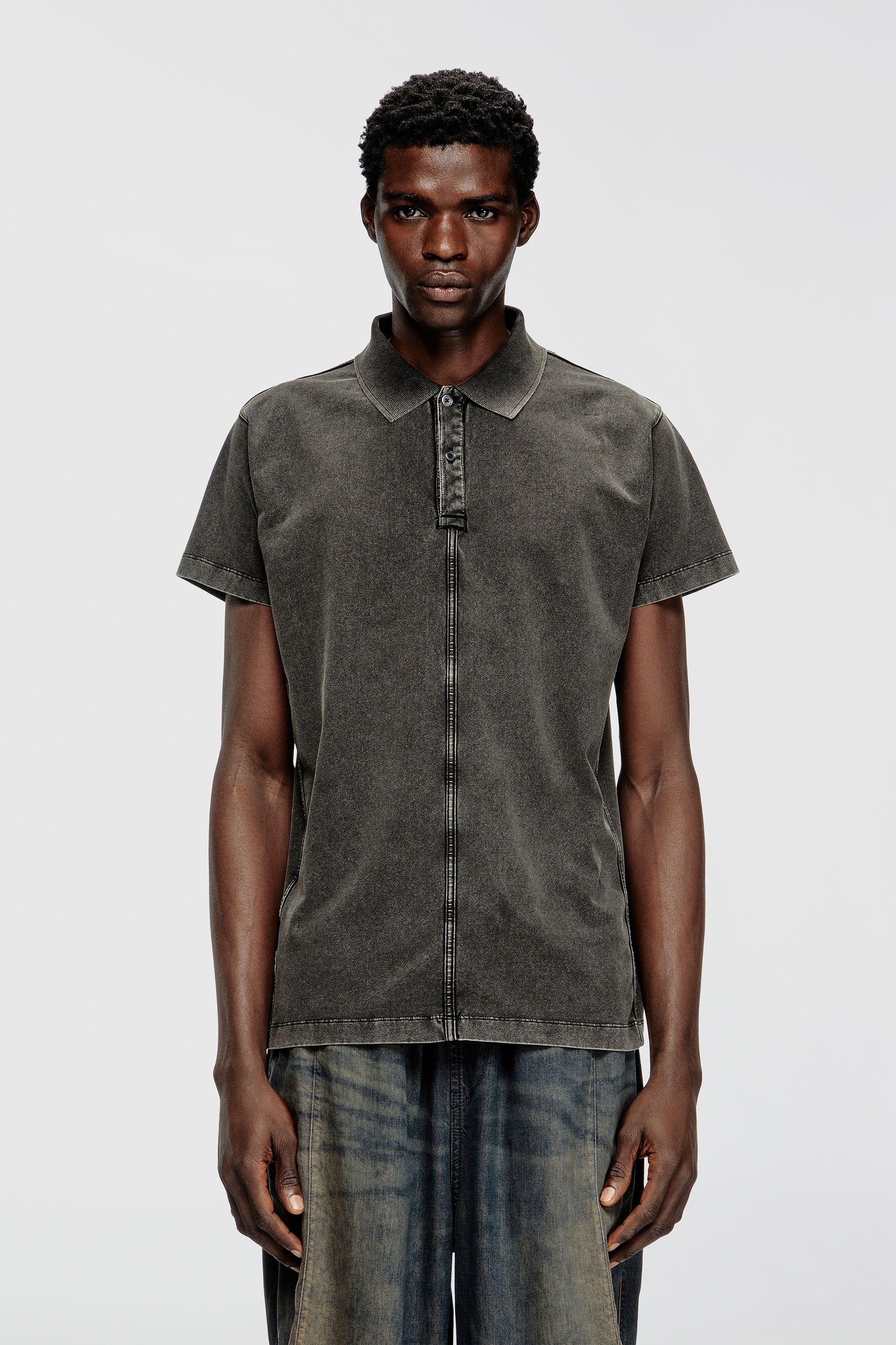 Diesel - T-NOMELY, Man's Polo shirt in denim-look jersey in Black - 1