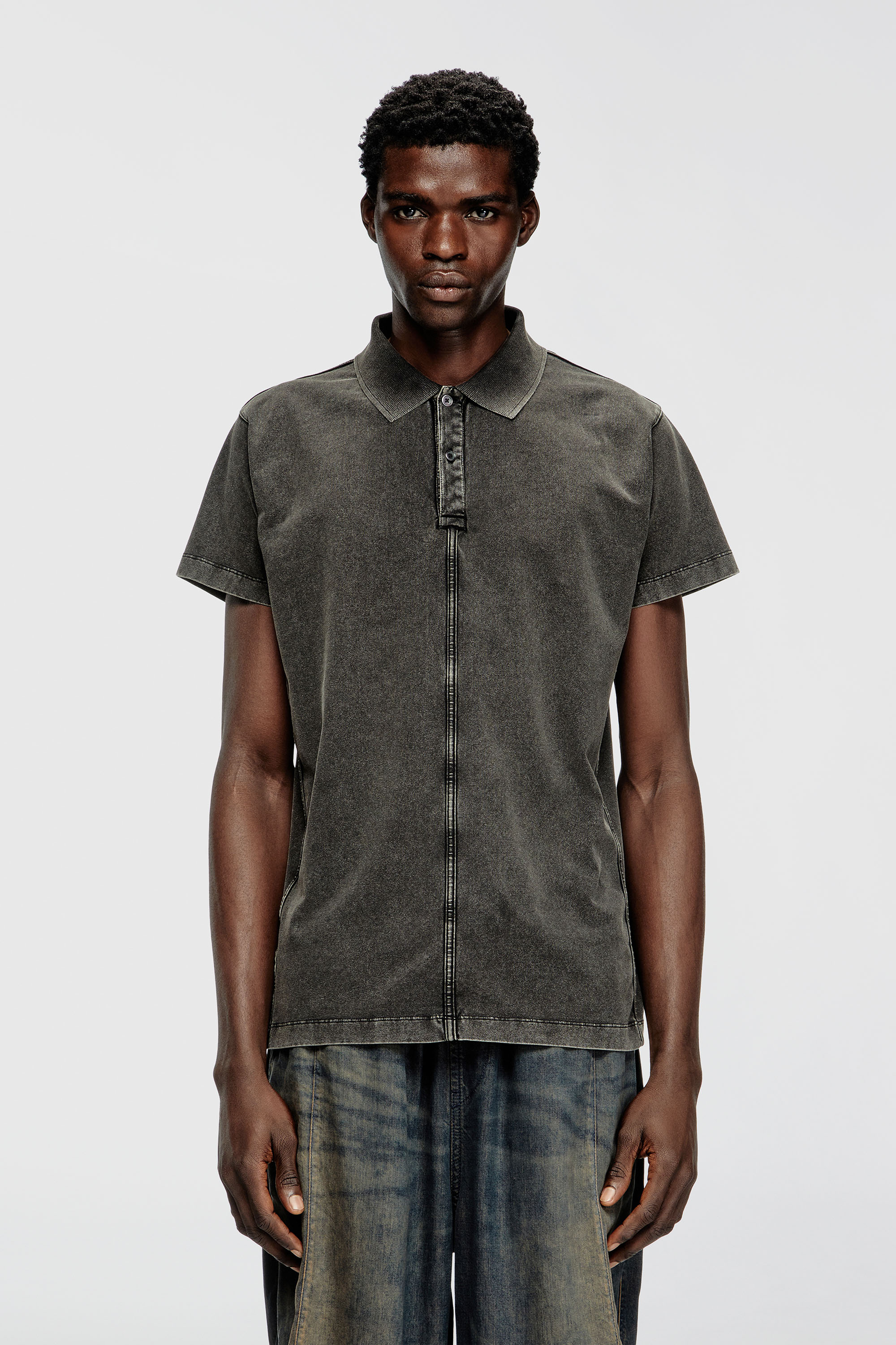 Diesel - T-NOMELY, Man's Polo shirt in denim-look jersey in Black - 3