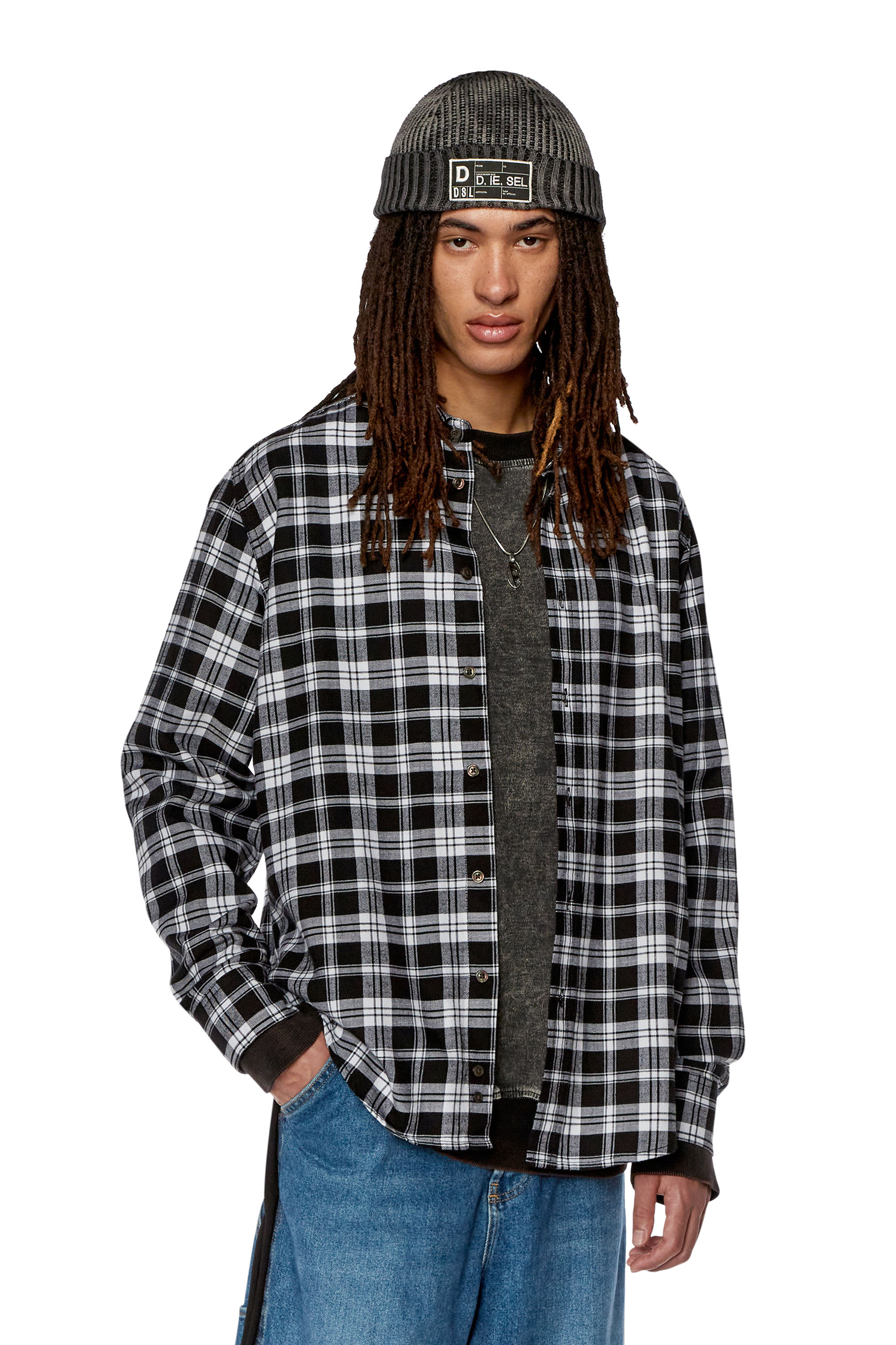 Diesel - S-UMBE-CHECK-NW, Man's Shirt in checked flannel in Black/White - 3