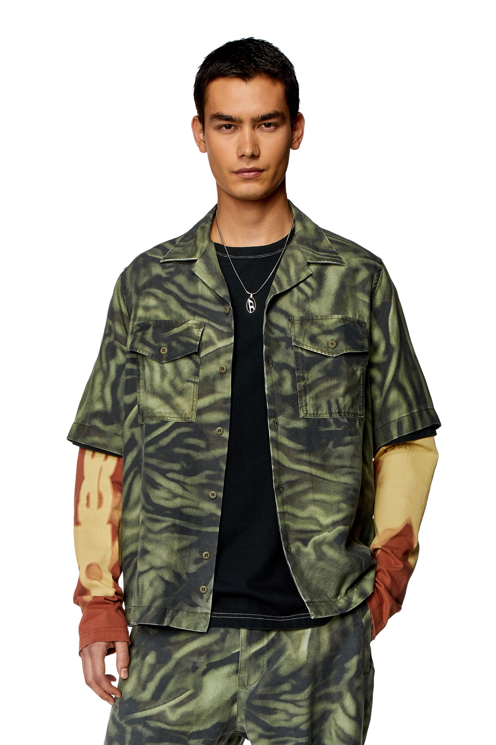 Diesel - S-SAM-ZEBRA, Man's Short-sleeve shirt with zebra-camo print in Black/Green - 3