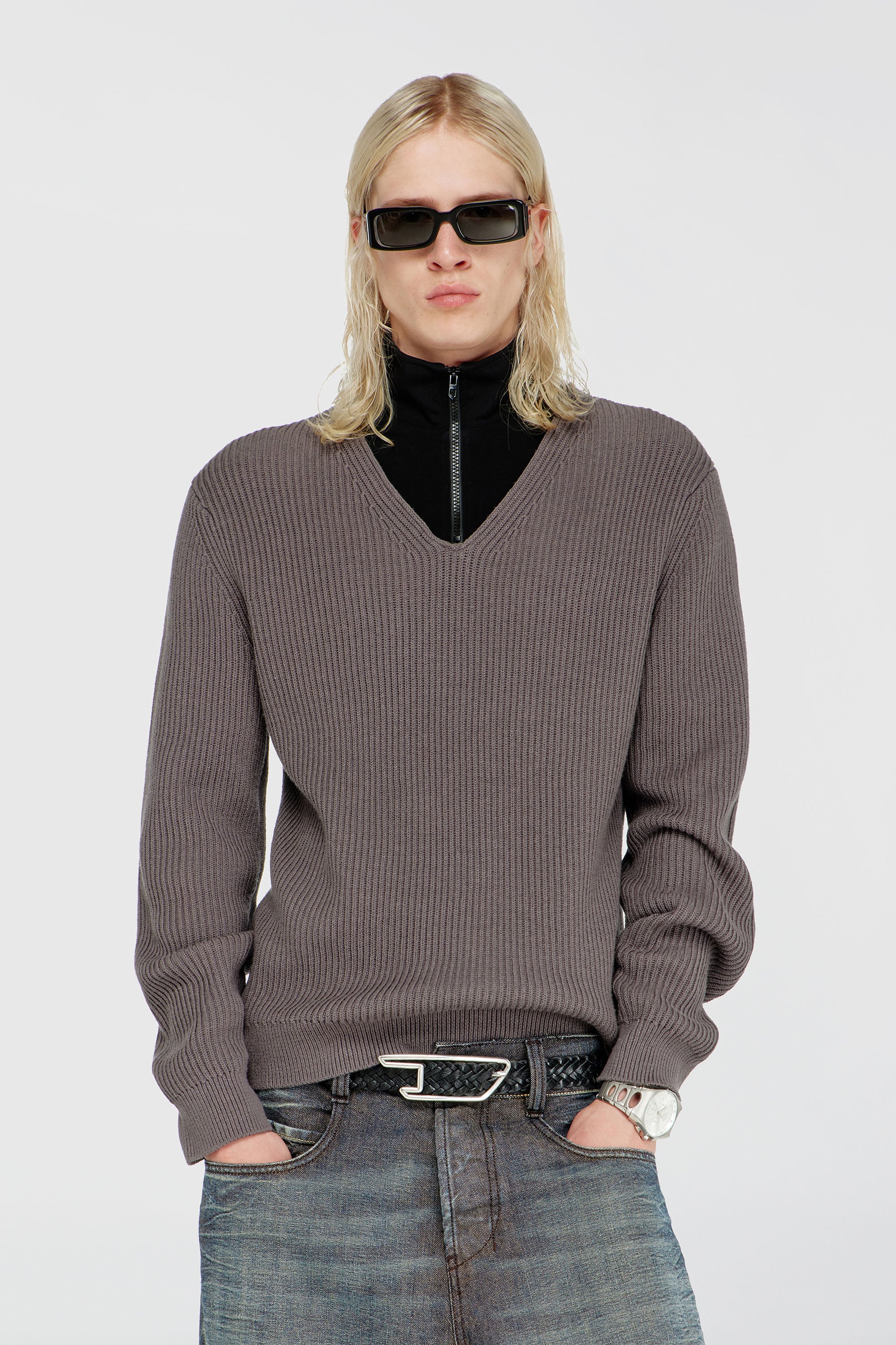 Diesel - K-MAMU, Male's Half-zip sweater with layered neckline in Black/Grey - 1