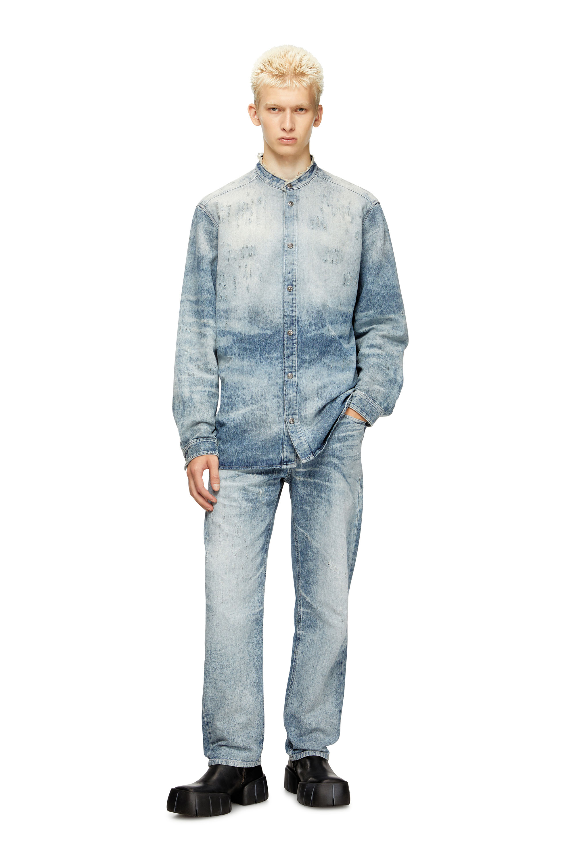 Diesel - D-SIMP-FSH, Male's Shirt in distressed honeycomb denim in Light Blue - 2
