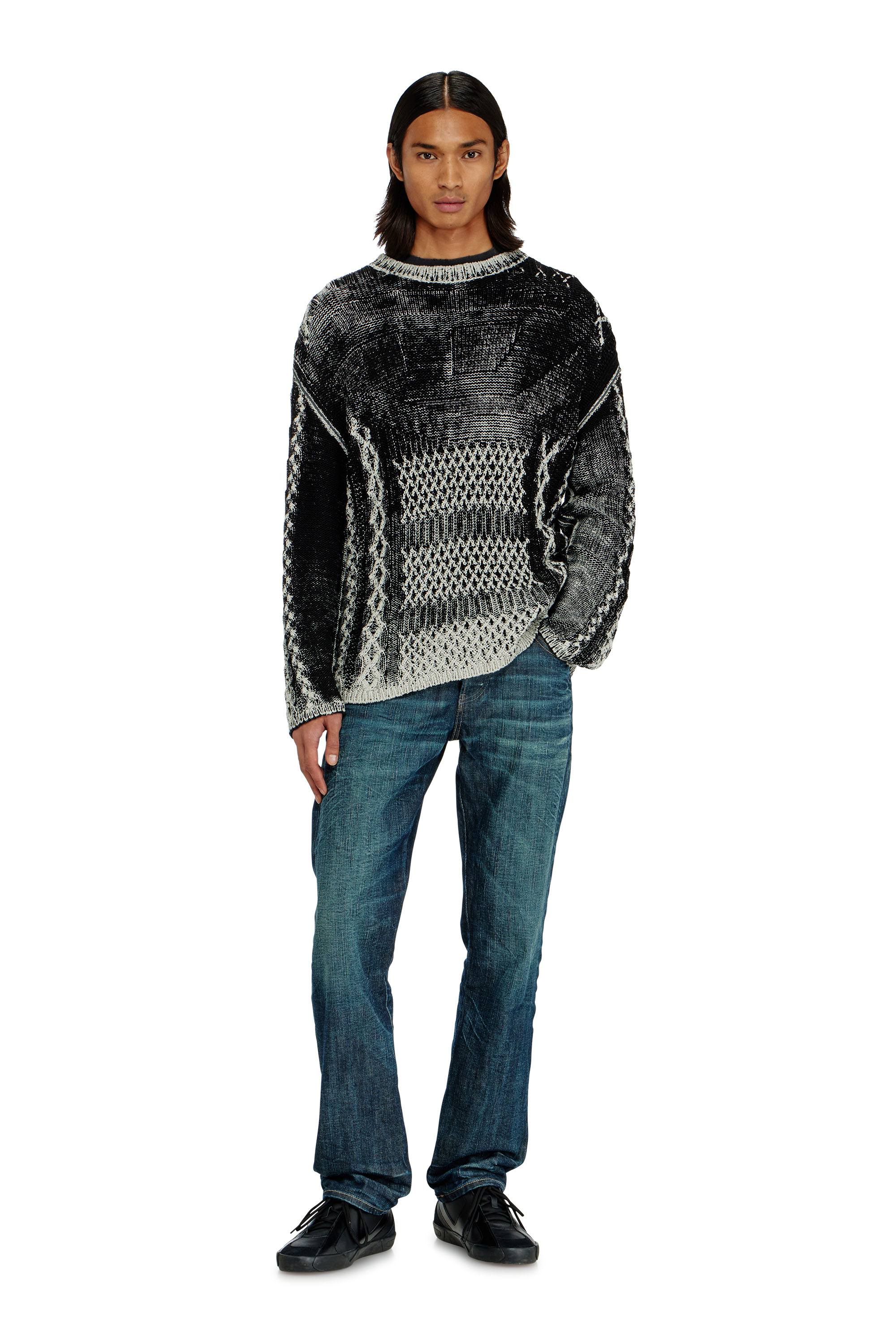 Diesel - K-MIONE, Male's Treated cable-knit jumper in Grey/Black - 2