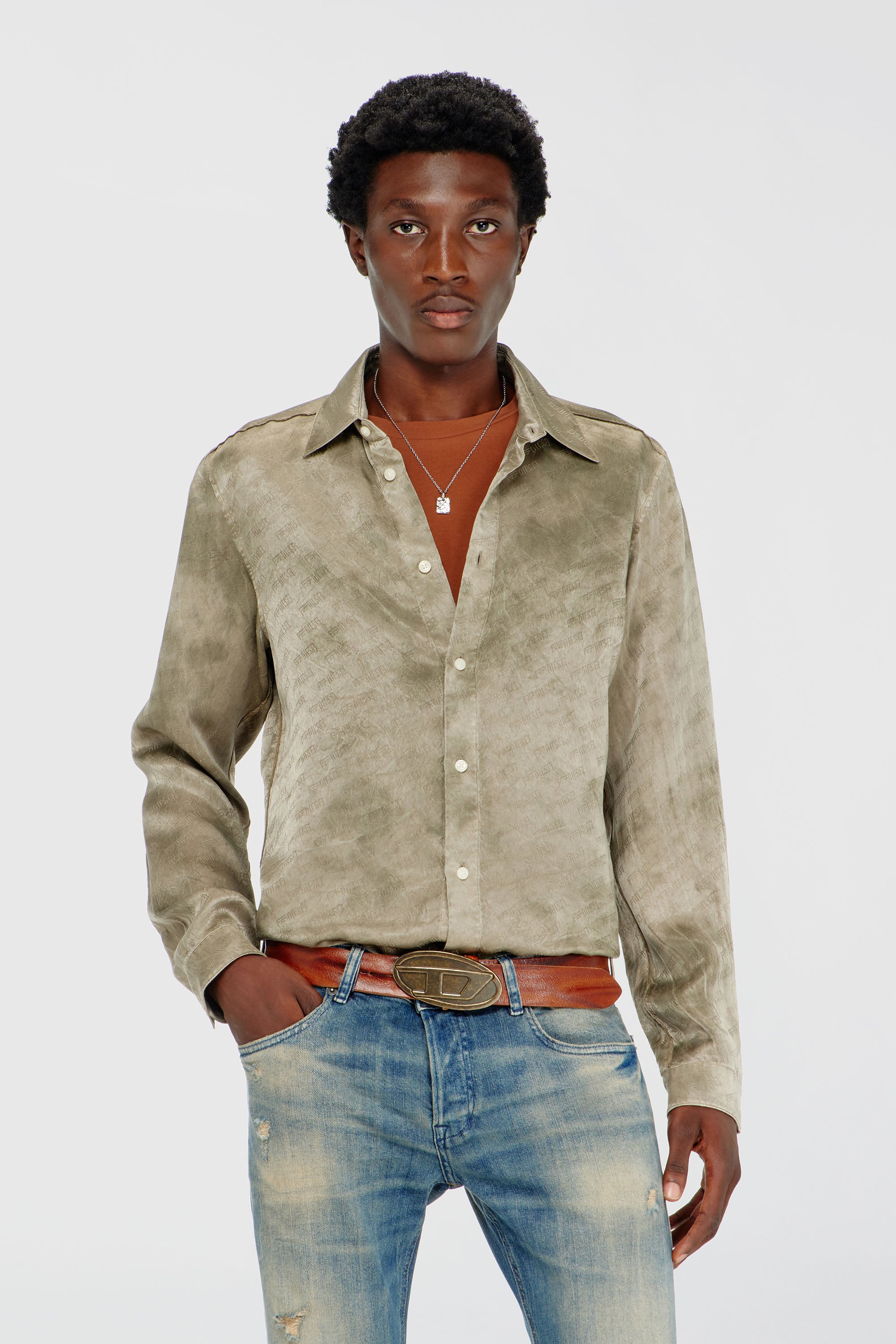 Diesel - S-KISSY-HNBW, Man's Shirt in logo-jacquard crinkled satin in Light Brown - 1