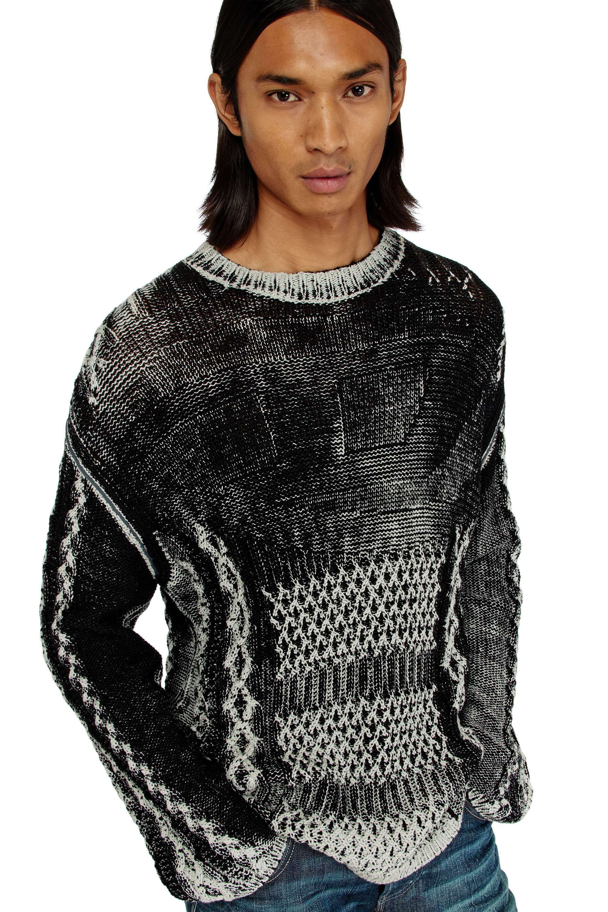 Diesel - K-MIONE, Male's Treated cable-knit jumper in Grey/Black - 5