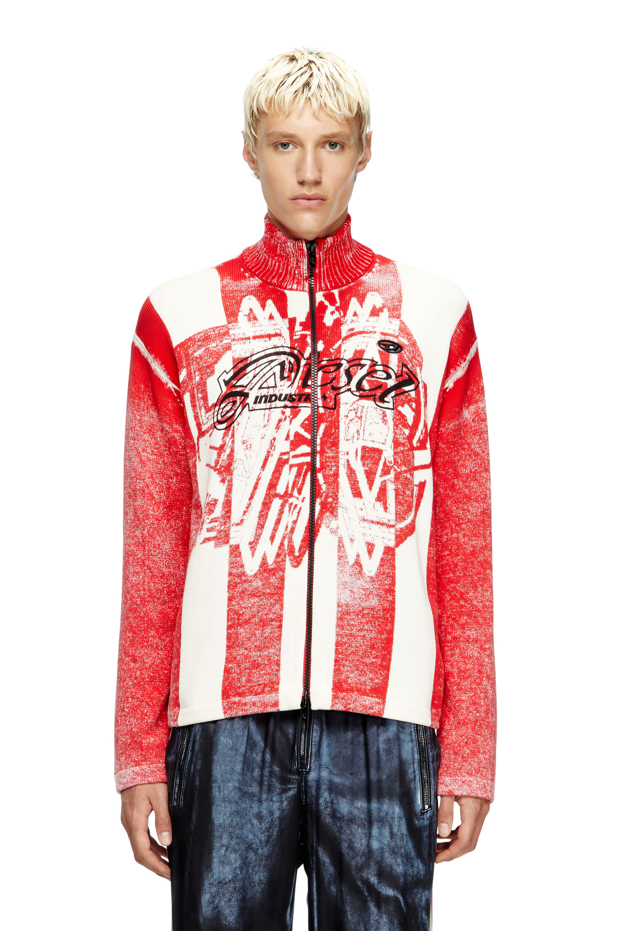 Diesel - K-OLIBA-JKT, Male's Inside-print striped zipped cardigan in Red/White - 1