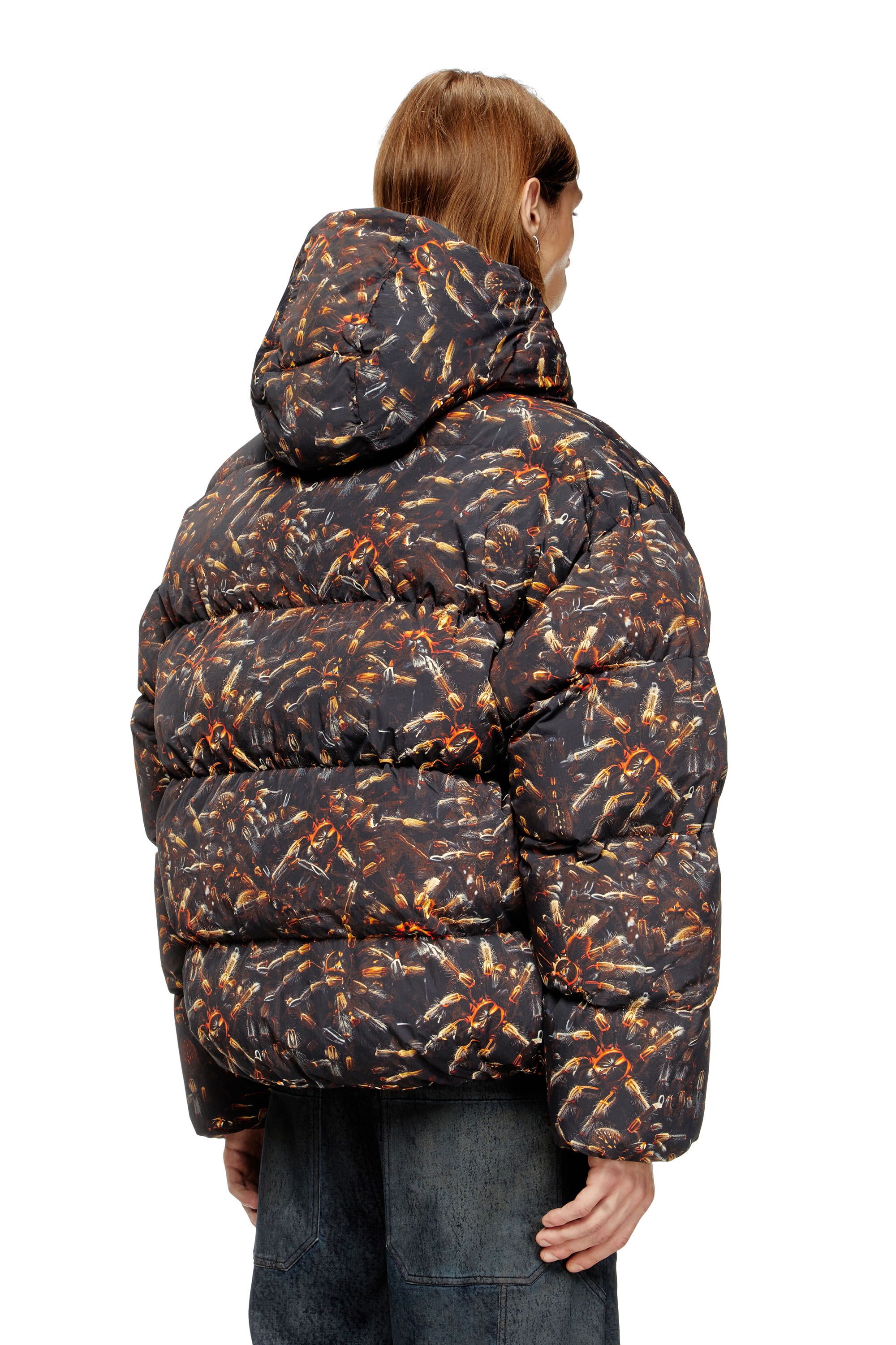 Diesel - W-SPIDER, Male's Hooded puffer jacket with spider print in Black/Brown - 3
