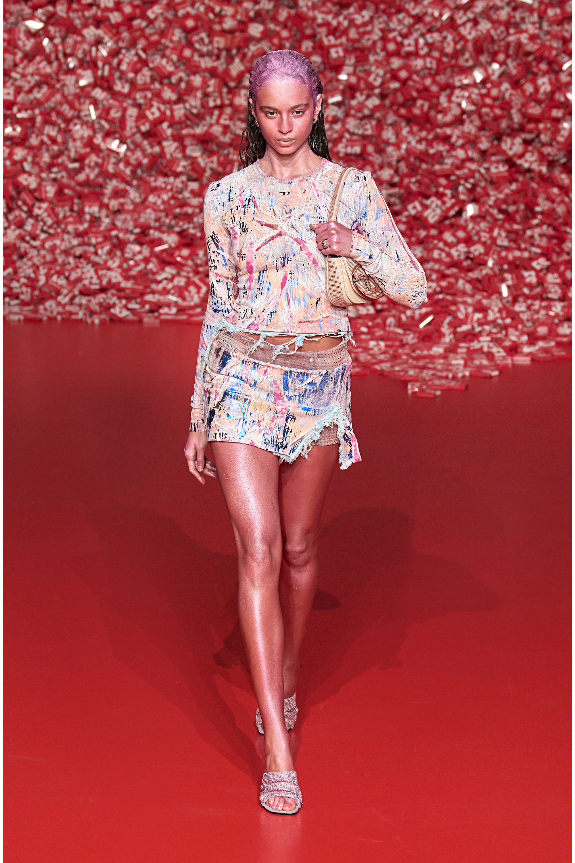 Diesel - T-HOPE, Woman's Overprinted jersey top with frayed hem in Pink - 6