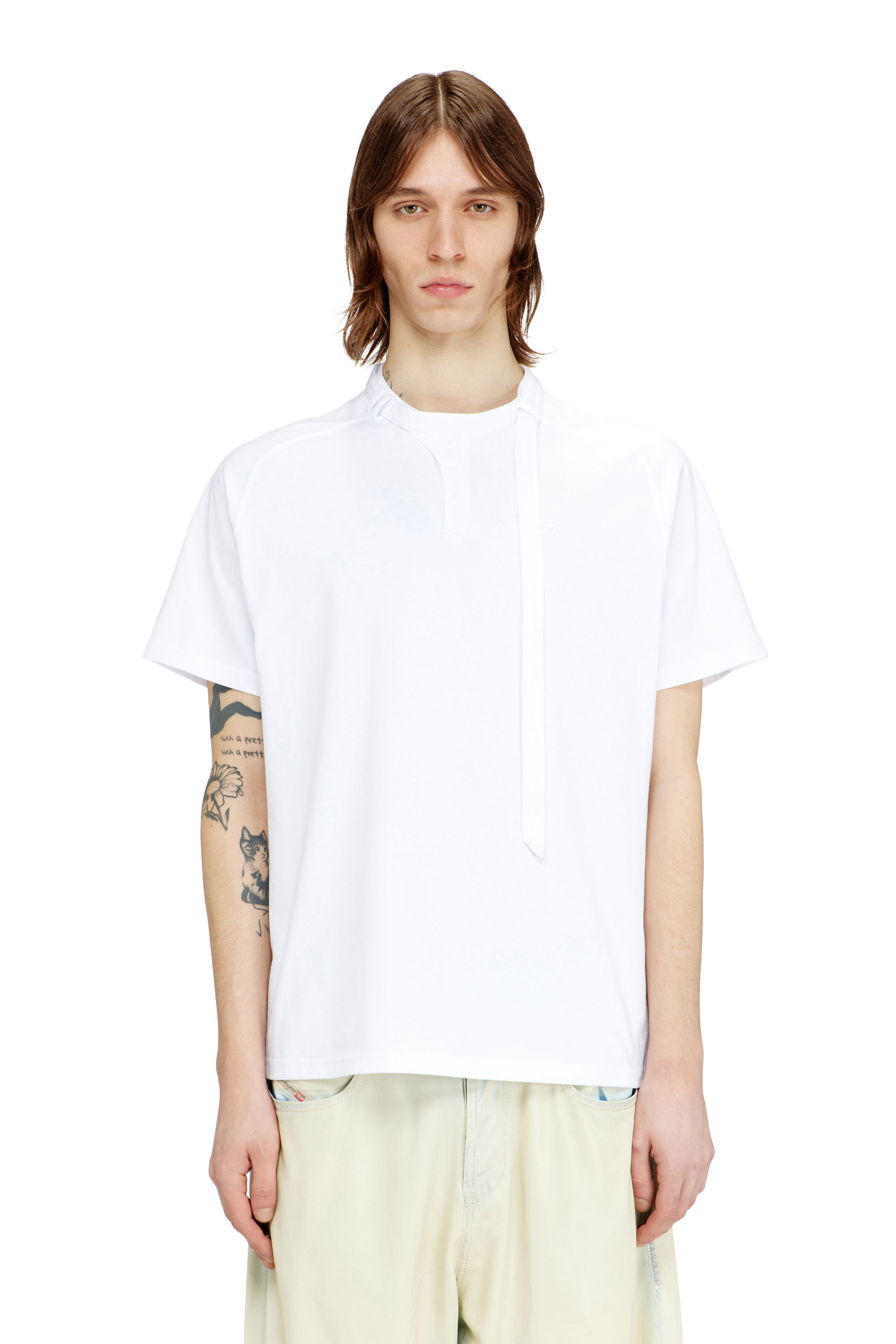 Diesel - T-KAUKO, Man's T-shirt with biker neck strap in White - 1