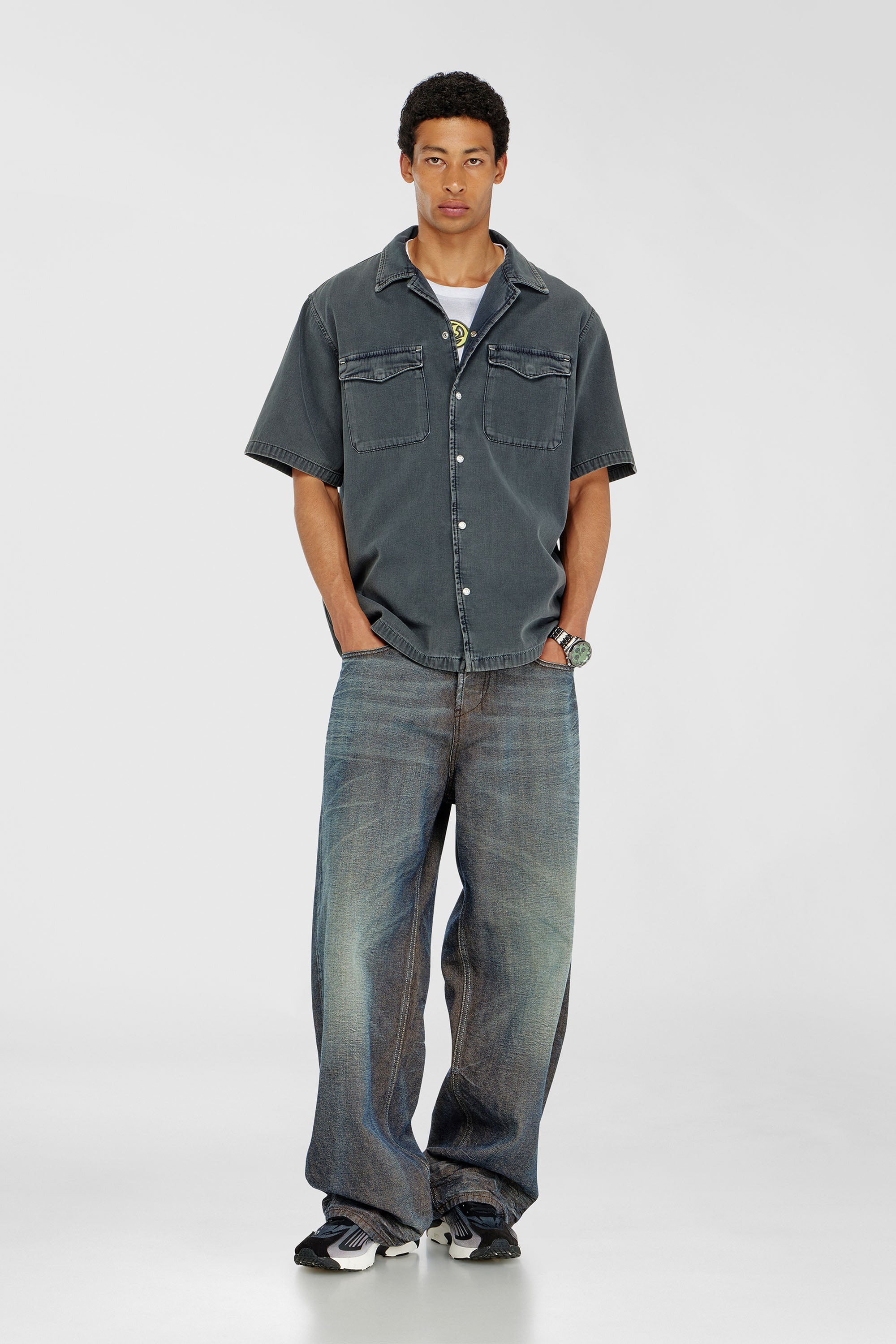 Diesel - D-NABIL-P, Male's Bowling shirt in coloured denim in Dark Grey - 2