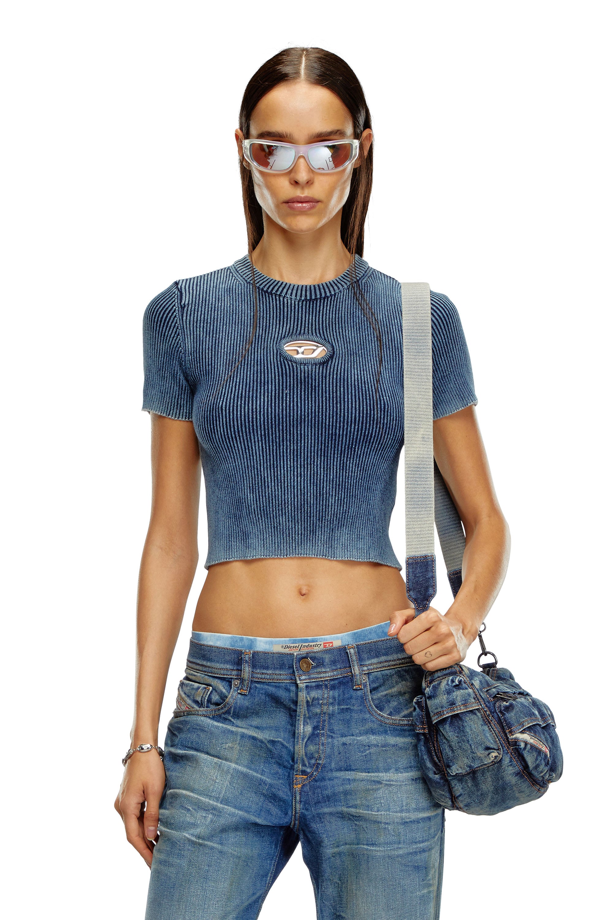 Diesel - M-ANCHOR-A-SS, Top recortado tejido con efecto de denim Mujer in Azul marino - 1