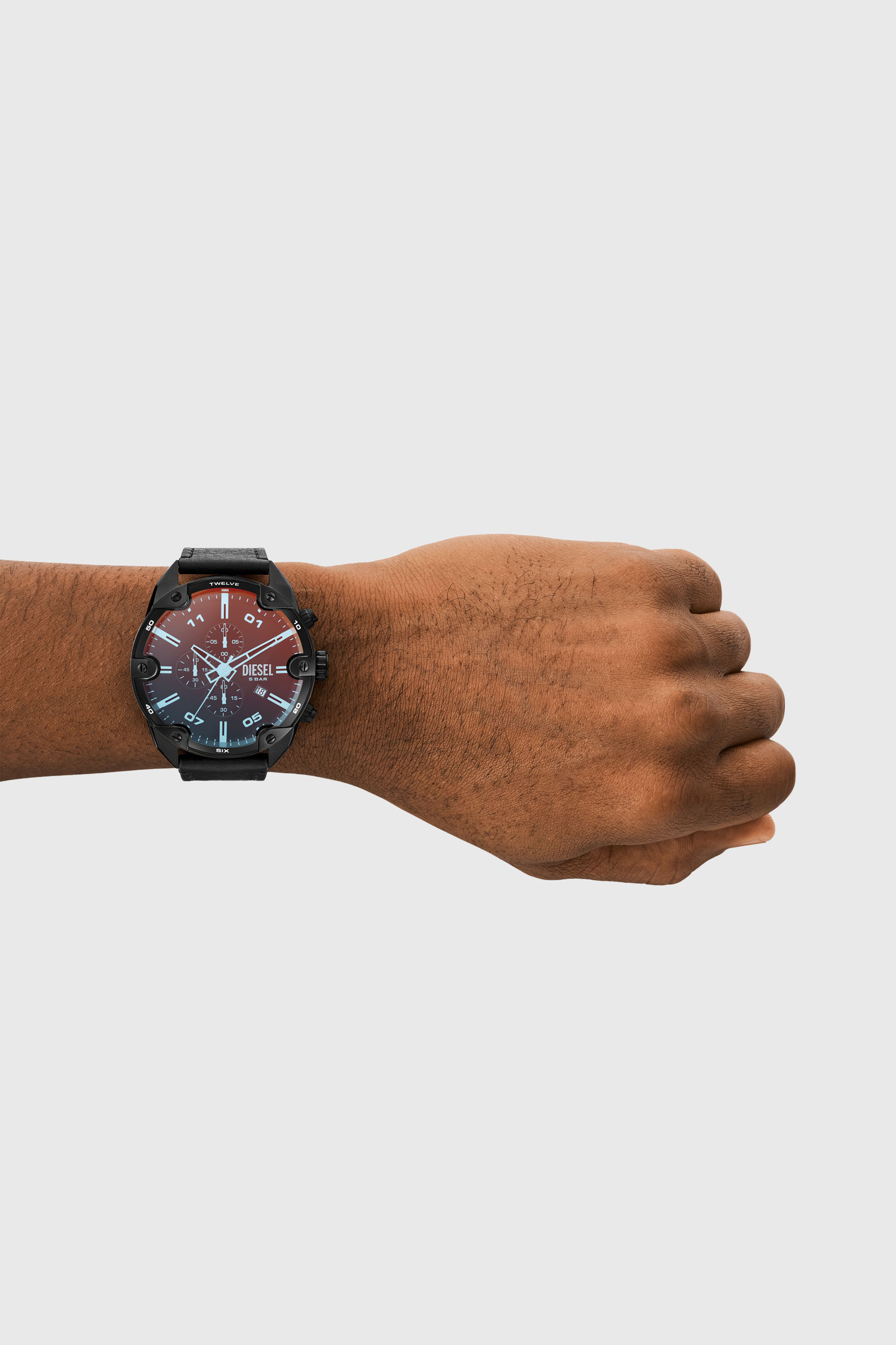 Diesel - DZ4667, Man's Spiked chronograph black leather watch in Black - 4