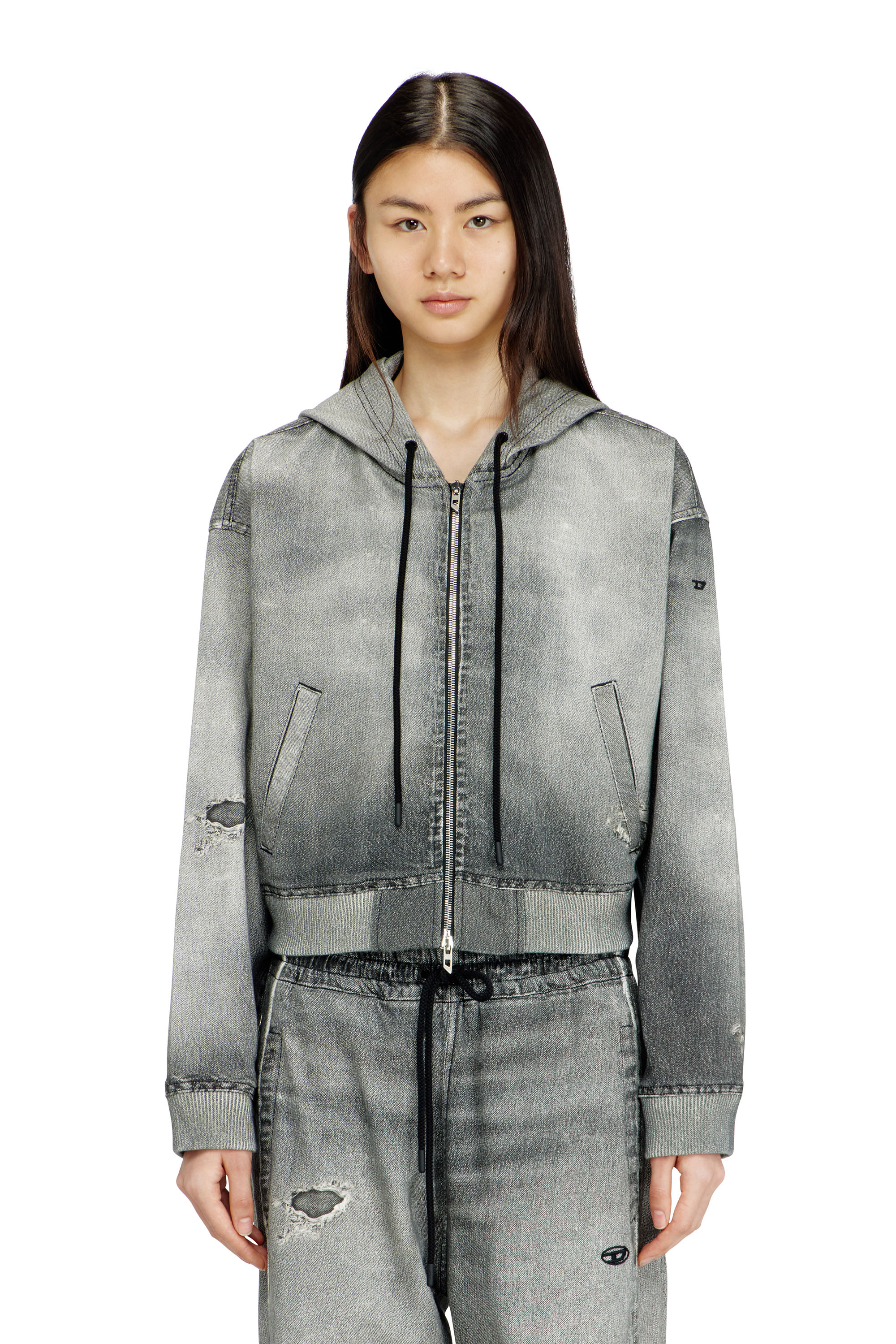 Diesel - DE-GIRI-CROP JOGG, Sudadera con capucha de cremallera en trompe l'oeil JoggJeans Mujer in Gris - 1