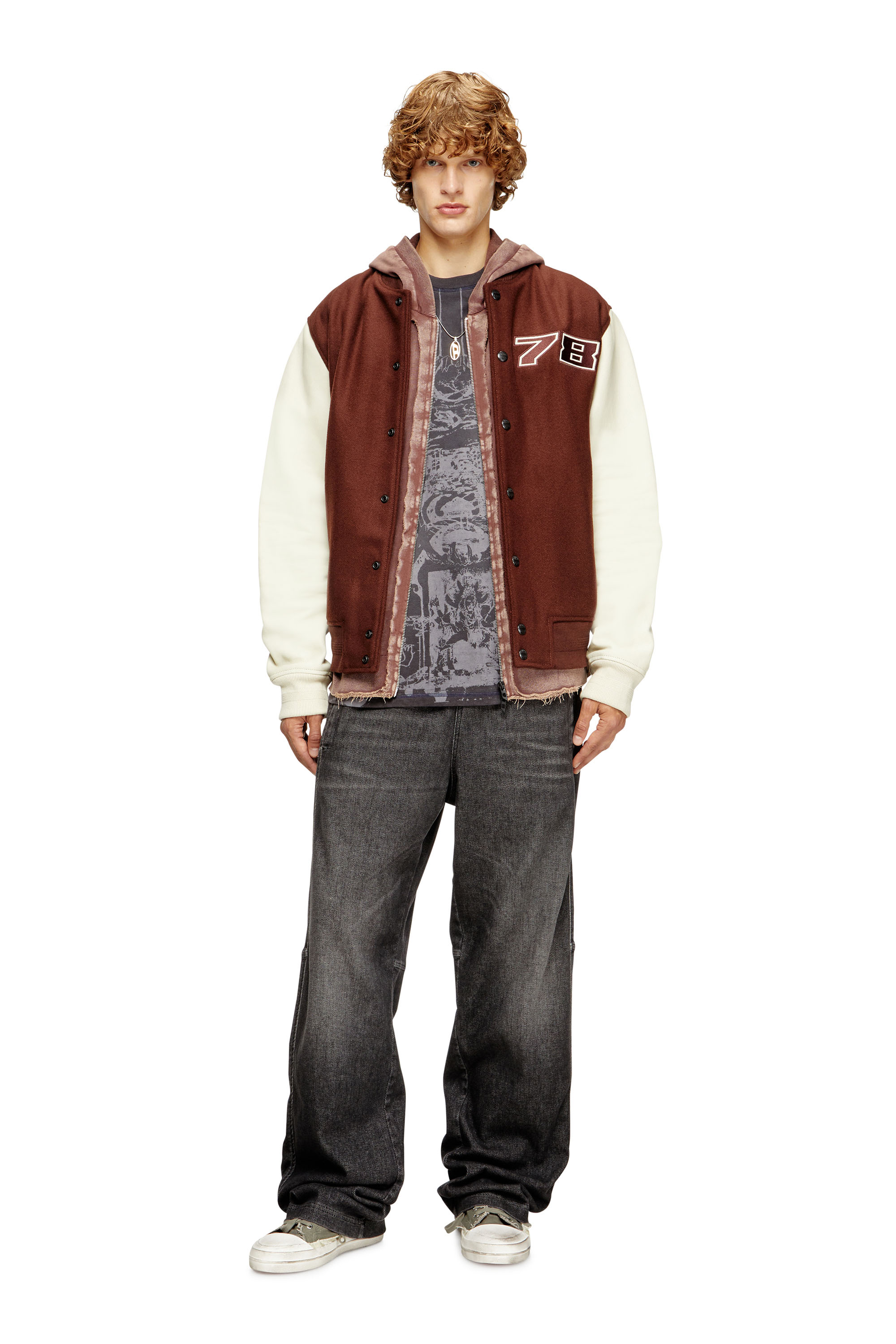 Diesel - L-KOPF, Male's Padded bomber jacket in wool and leather in Brown - 1