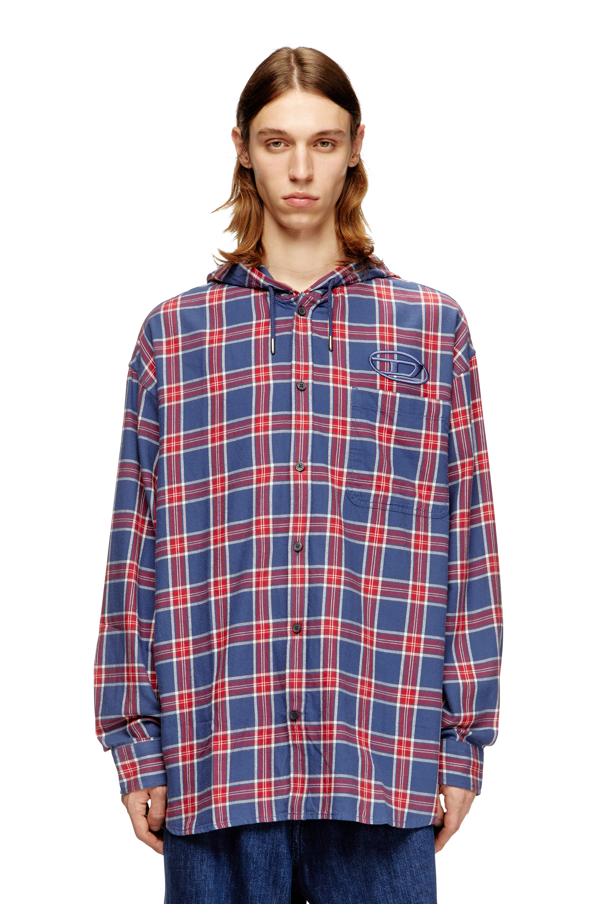 Diesel - S-DEWNY-HOOD-AJFI, Man's Cotton hooded shirt with 3D embroidery in Blue/Red - 1