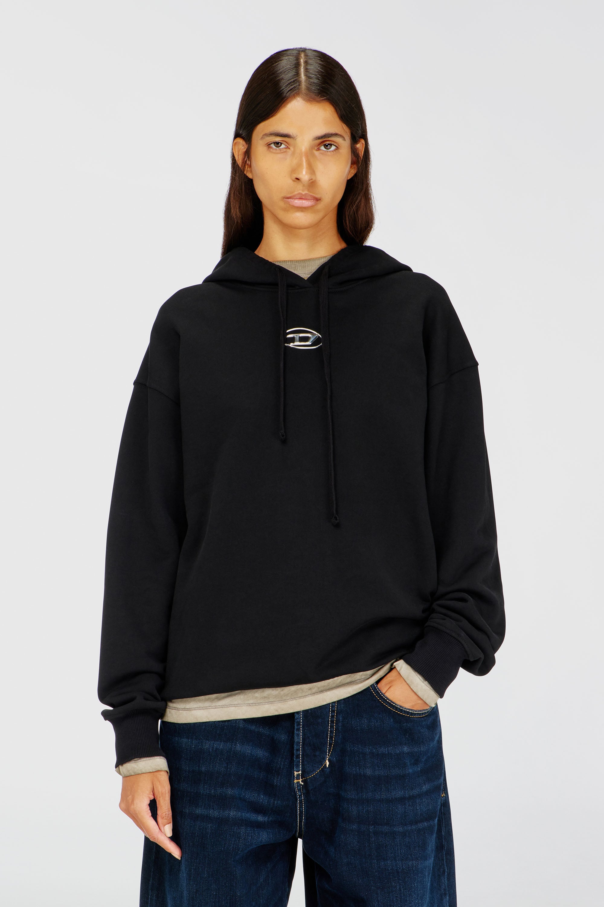 Diesel - F-BUXT-HOOD-OD, Sweat-shirt &agrave; capuche avec logo Oval D effet m&eacute;tal Femme in Noir - 1