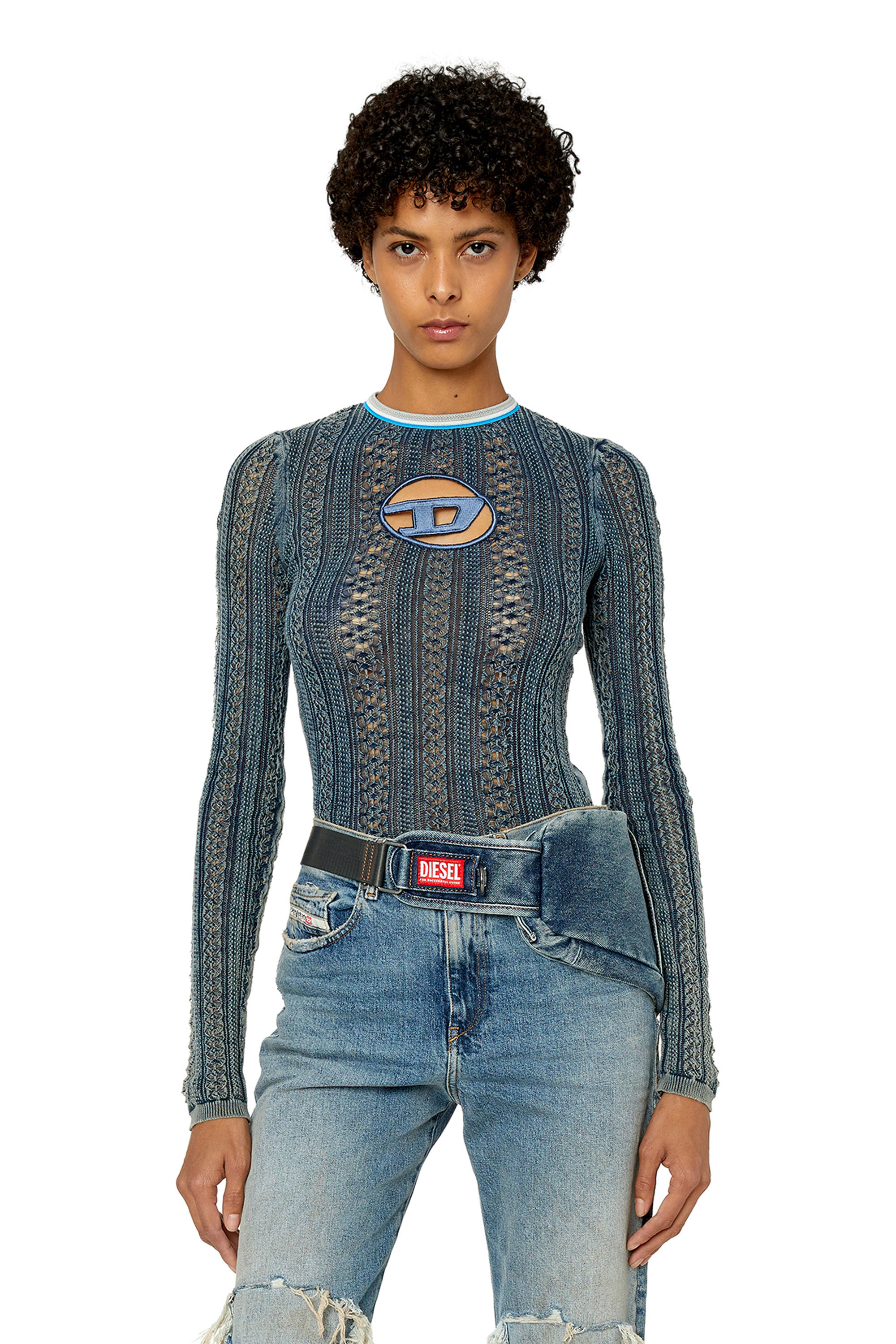 Diesel - M-IKYLA, Woman's Pointelle jumper with oval D cutout in Blue - 3