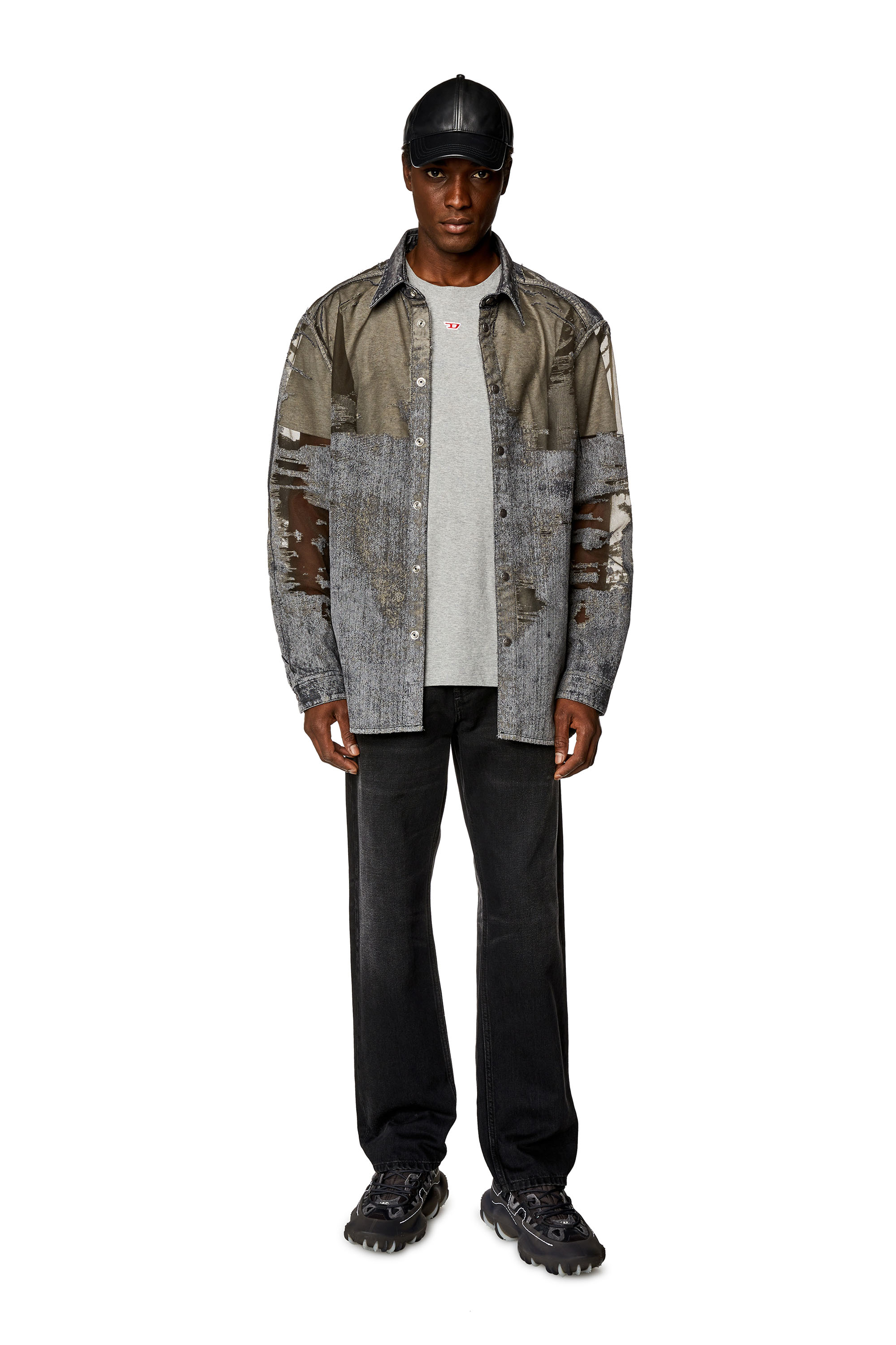 Diesel - D-SIMPLY-OVER-FSD, Man's Denim shirt with devor&eacute; in Dark grey - 1
