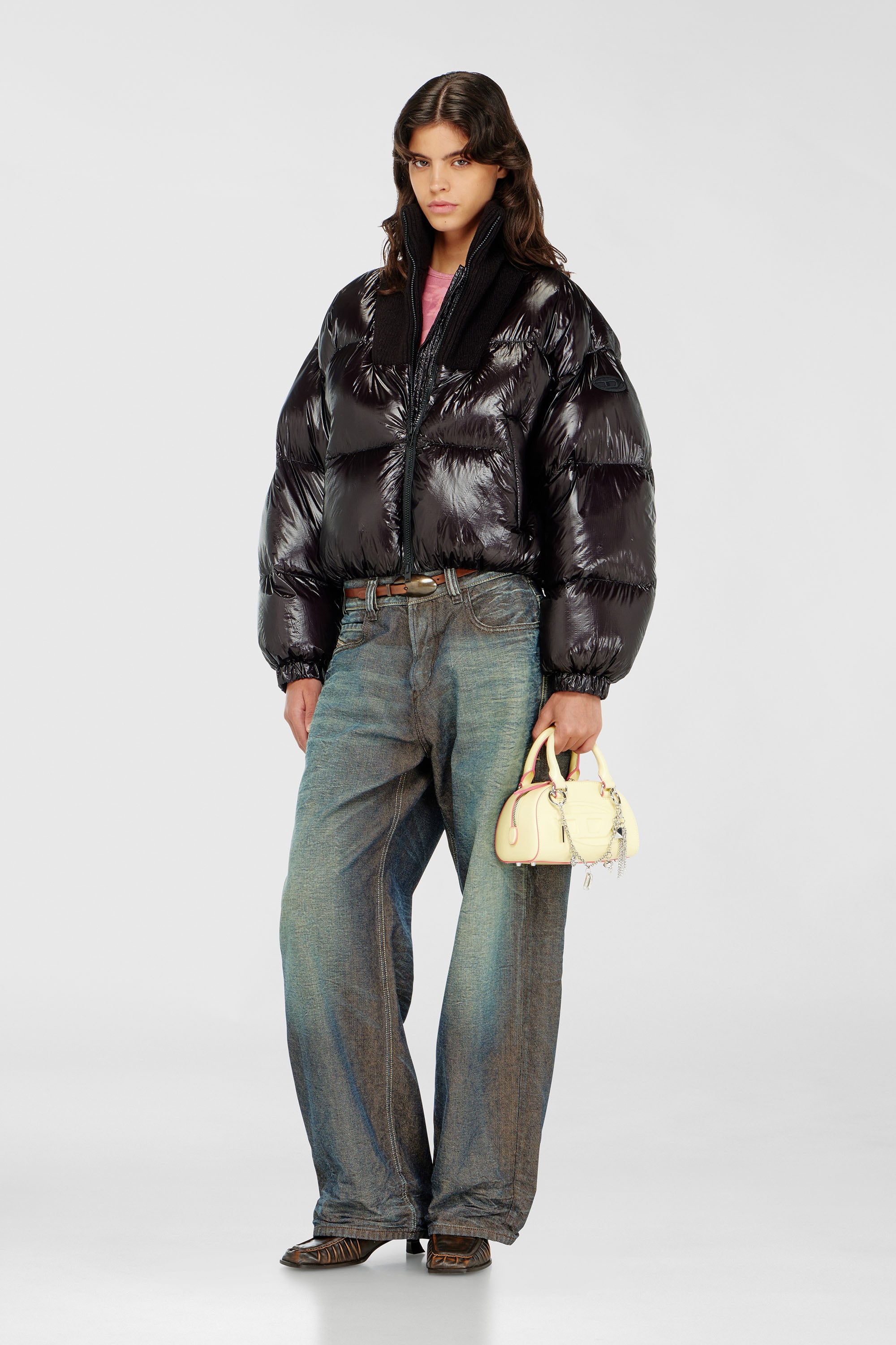 Diesel - W-ARRIOR, Female's Down puffer jacket in ripstop with knitted collar in Black - 1