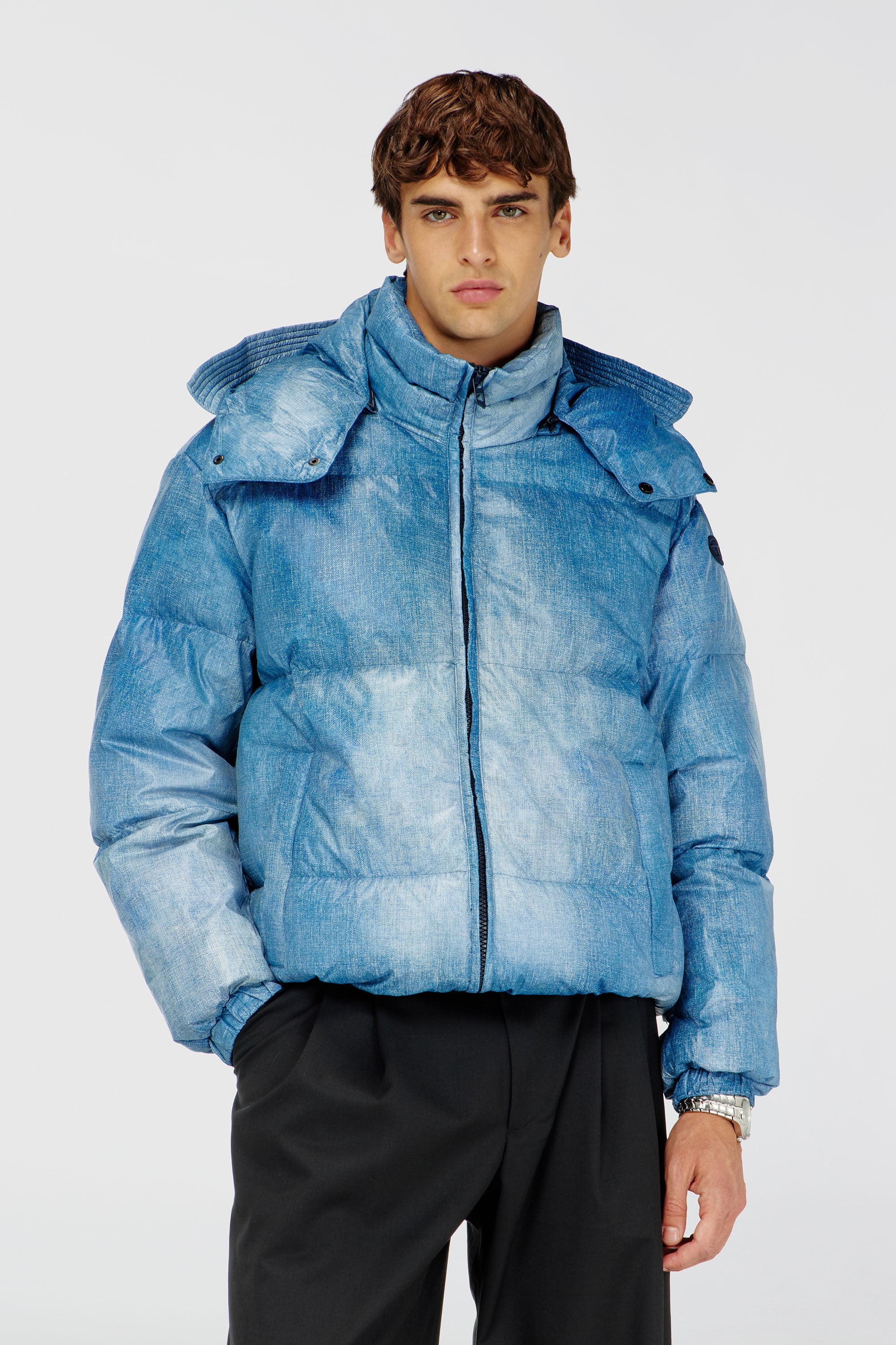 Diesel - W-ROLLY-WRD-BFBN, Male's Hooded down jacket with denim-effect print in Light Blue - 1