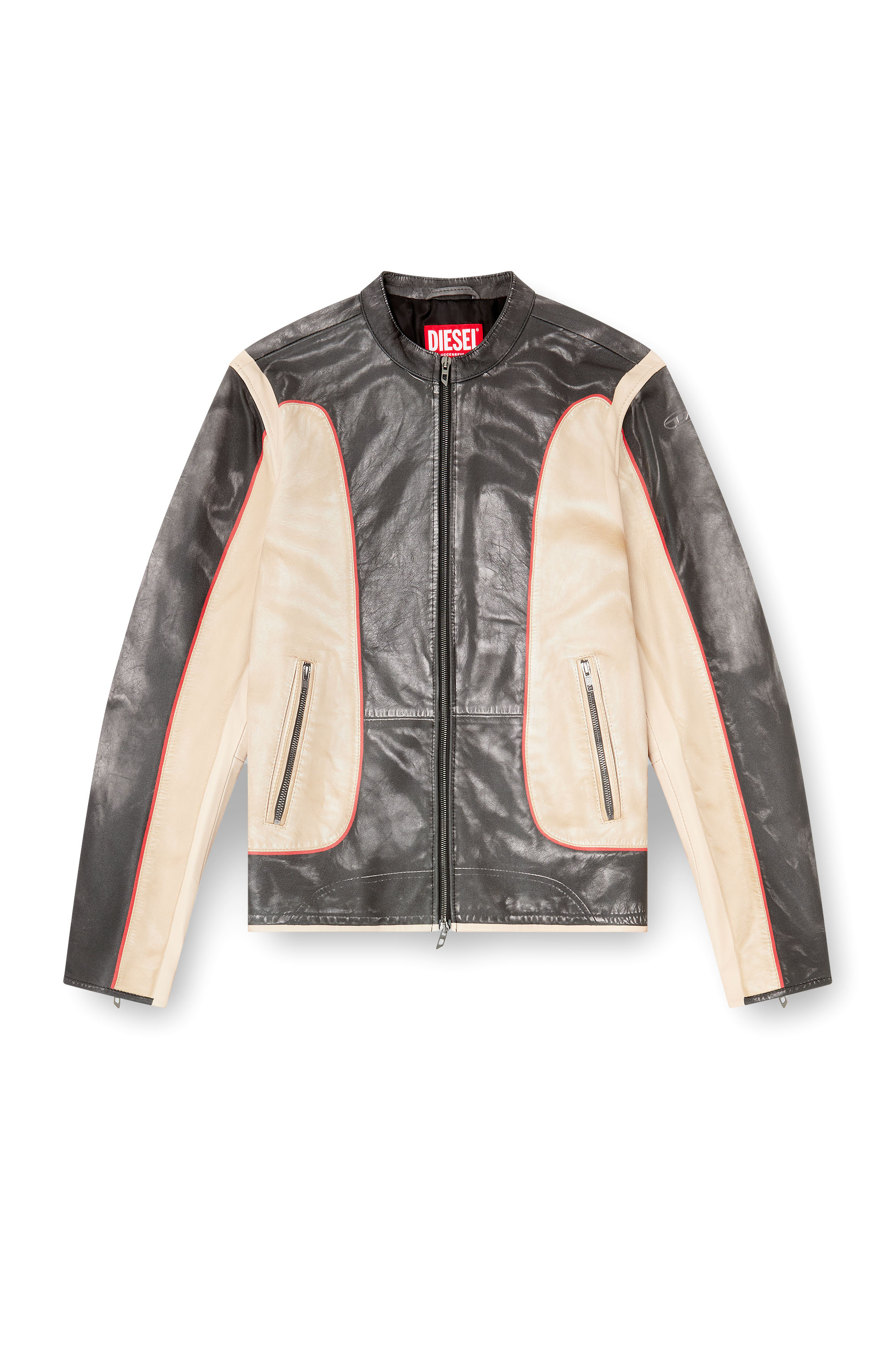Diesel - L-EVERT, Male's Trompe l'oeil-effect leather biker jacket in Beige/Black - 2