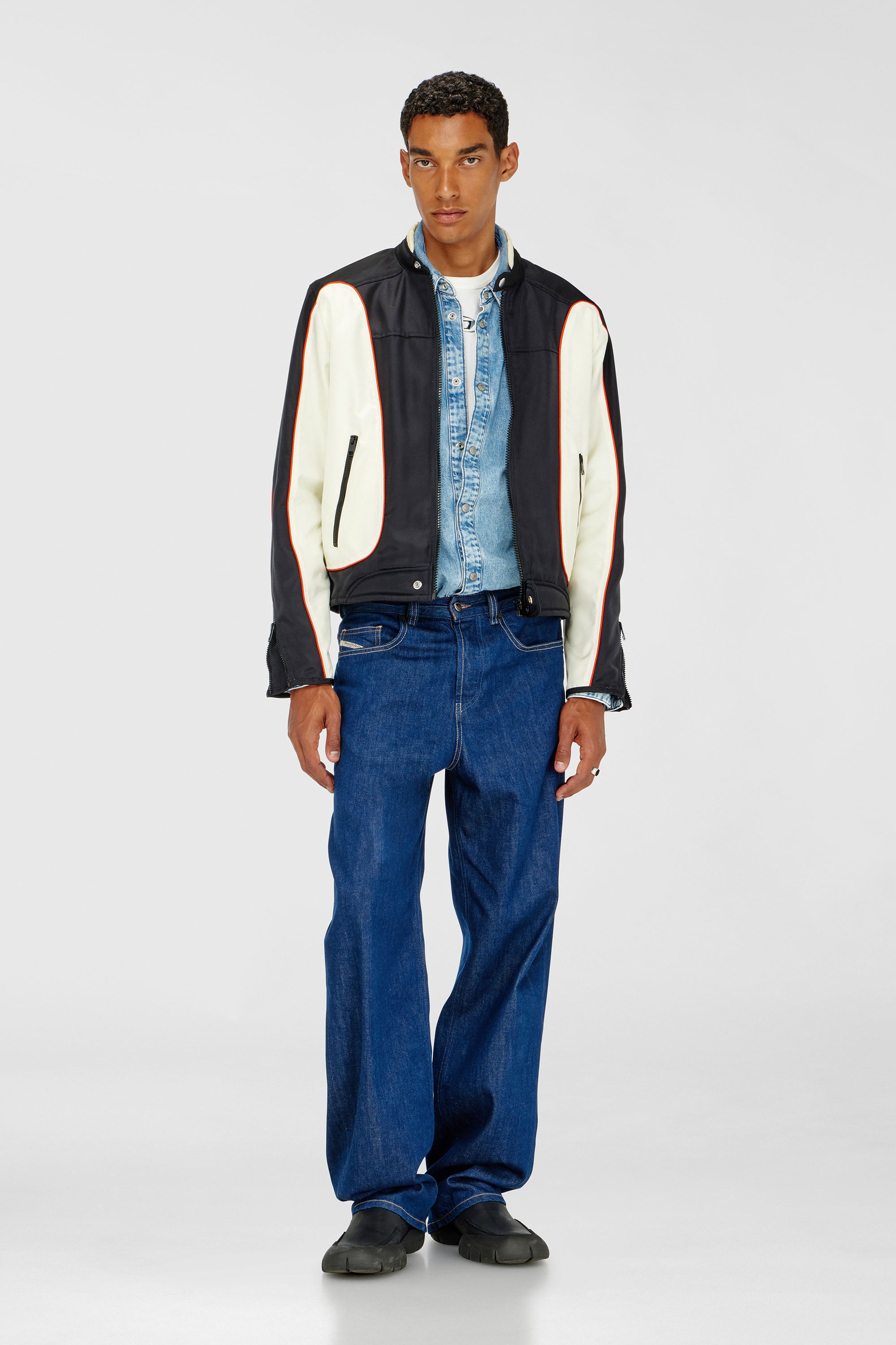 Diesel - J-BLINK-A, Male's Colour-block biker jacket with piping in White/Black - 2
