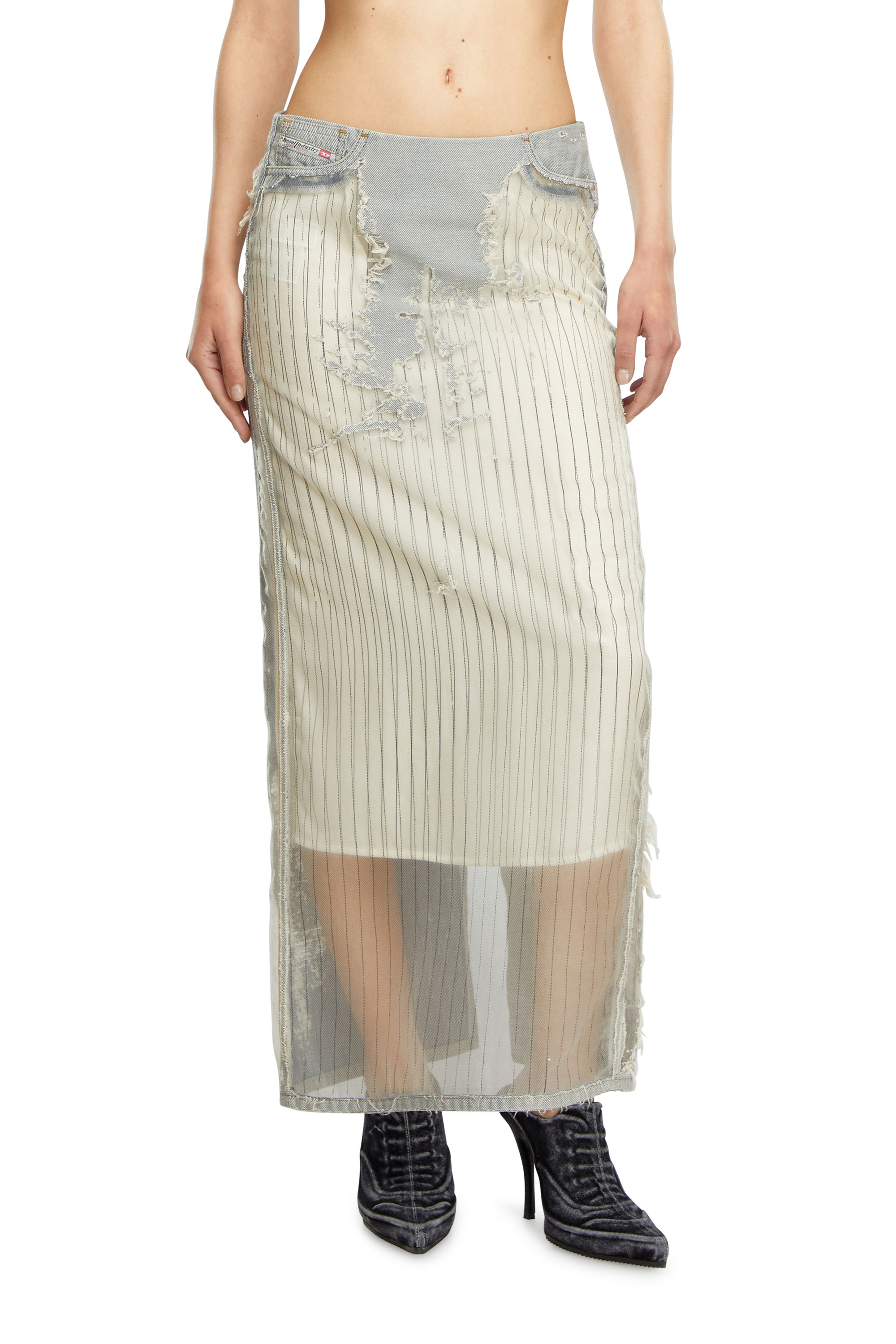 Diesel - DE-PIGO-FSE, Woman's Long skirt in pinstriped devor&eacute; denim in White - 3