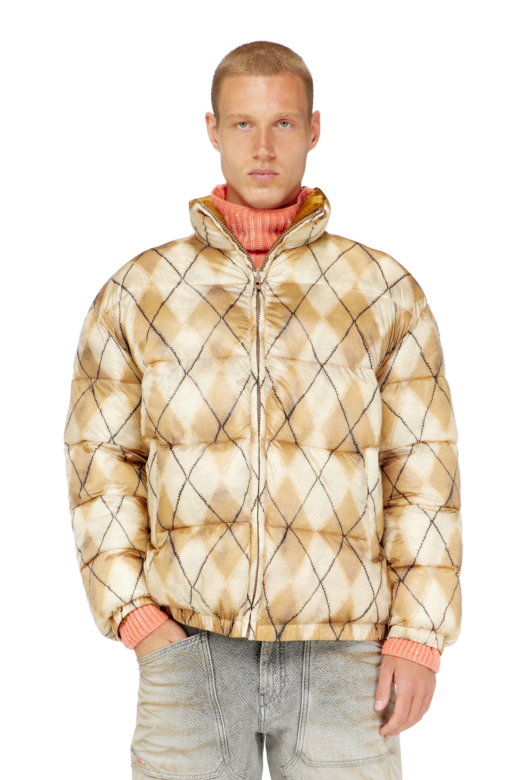 Diesel - W-BOURB-DLCK, Man's Reversible puffer jacket with argyle print in Beige - 1