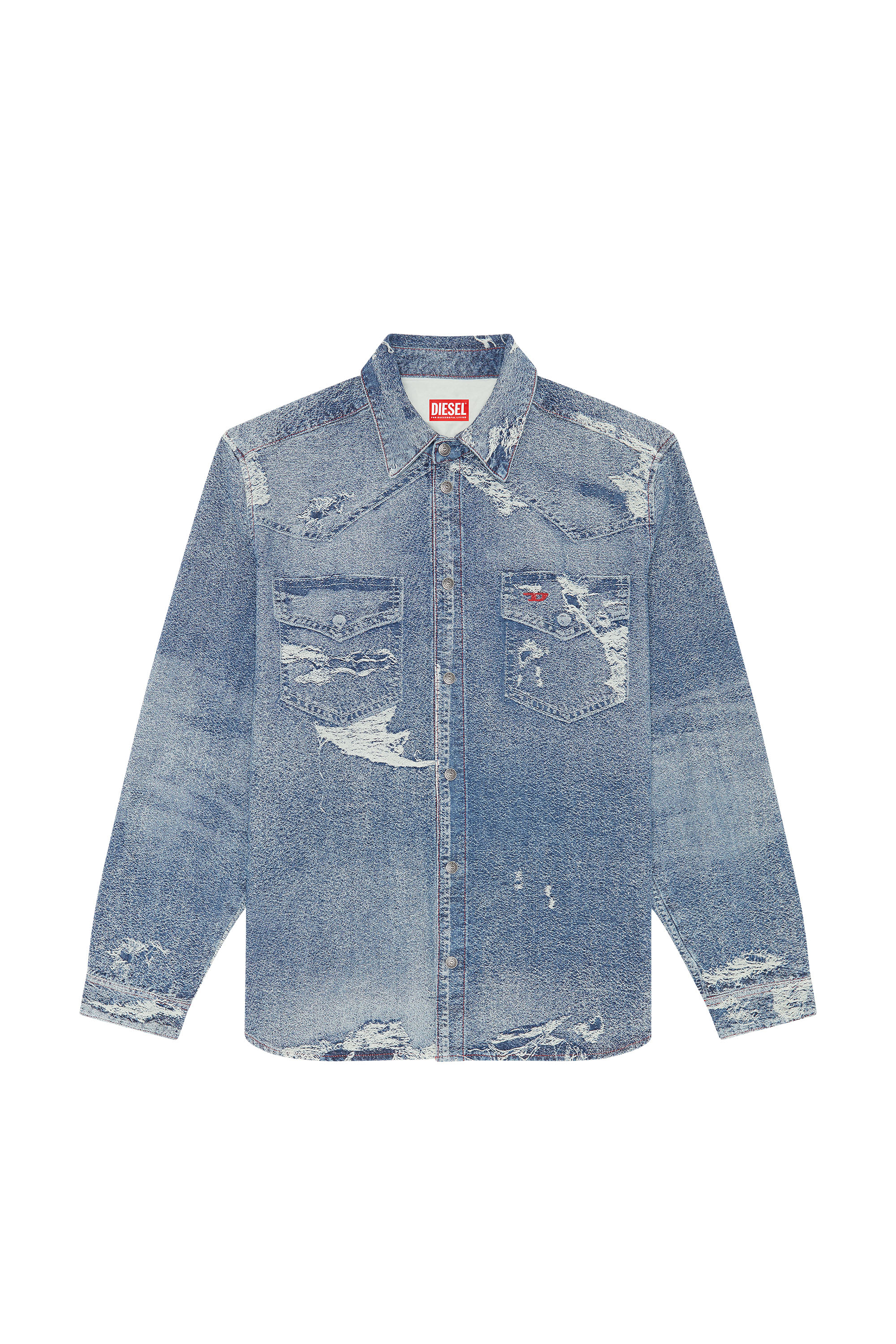 Diesel - D-SIMPLY-OVER, Man's Jacquard shirt with trompe l'oeil effect in Light Blue - 2