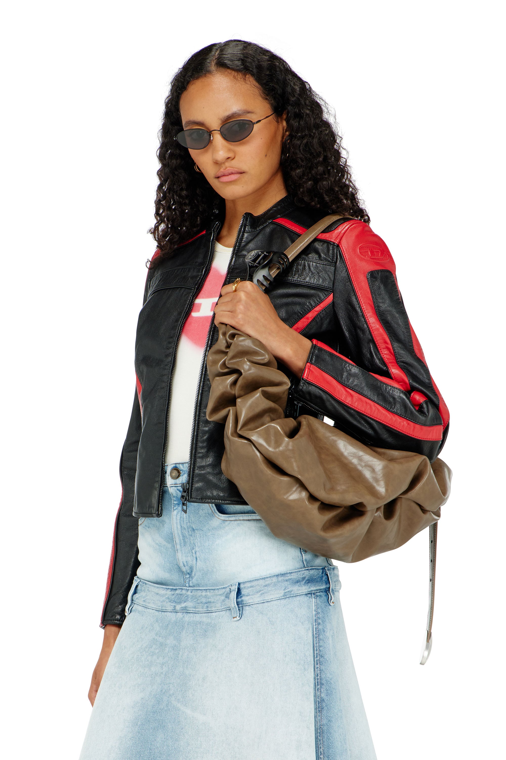 Diesel - L-OVABLE, Chaqueta biker de cuero en bloques de color Mujer in Multicolor - 1