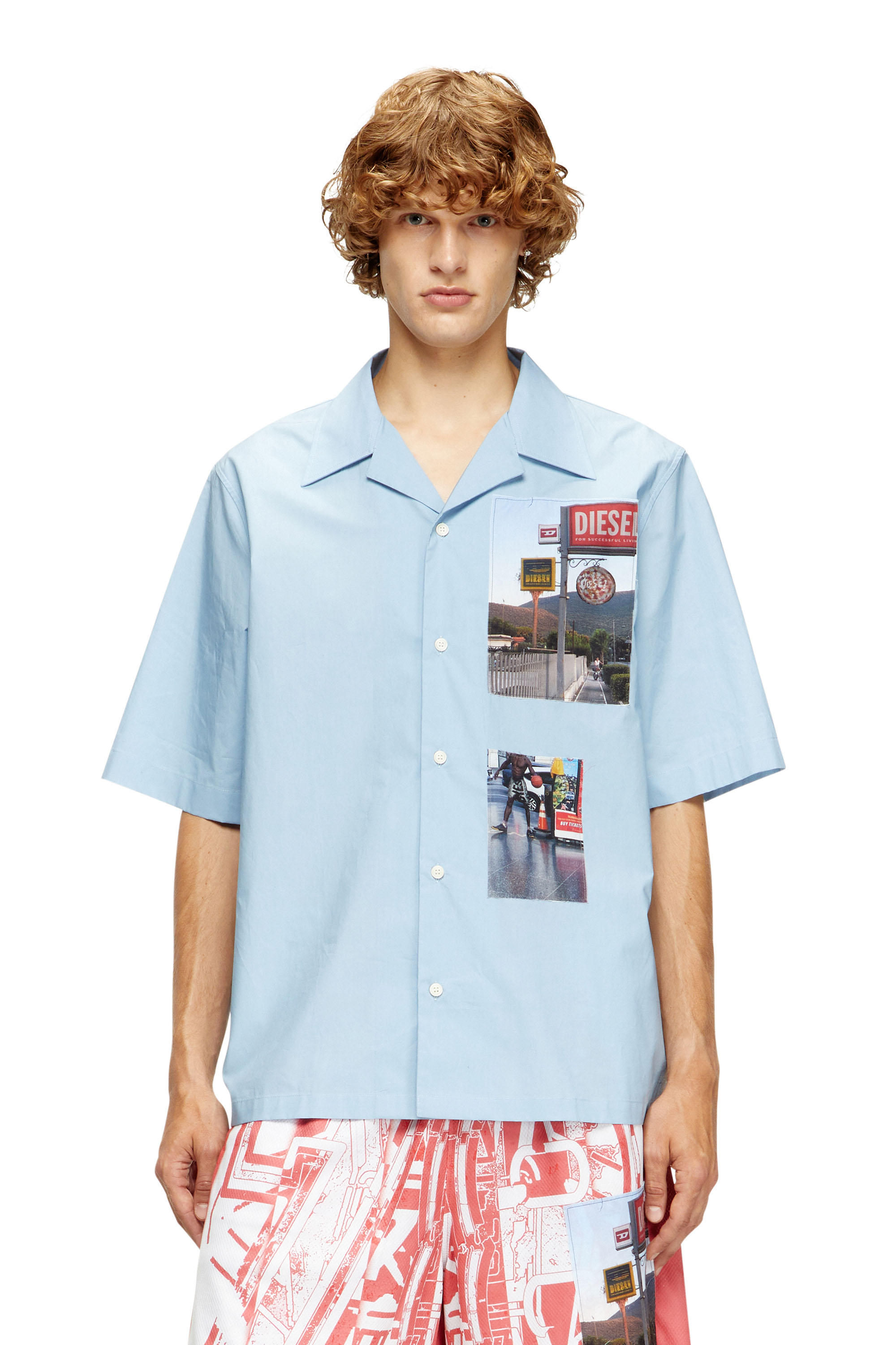 Diesel - S-BRACK-A-AJFY, Man's Short-sleeve shirt with logo photo patches in Light Blue - 1