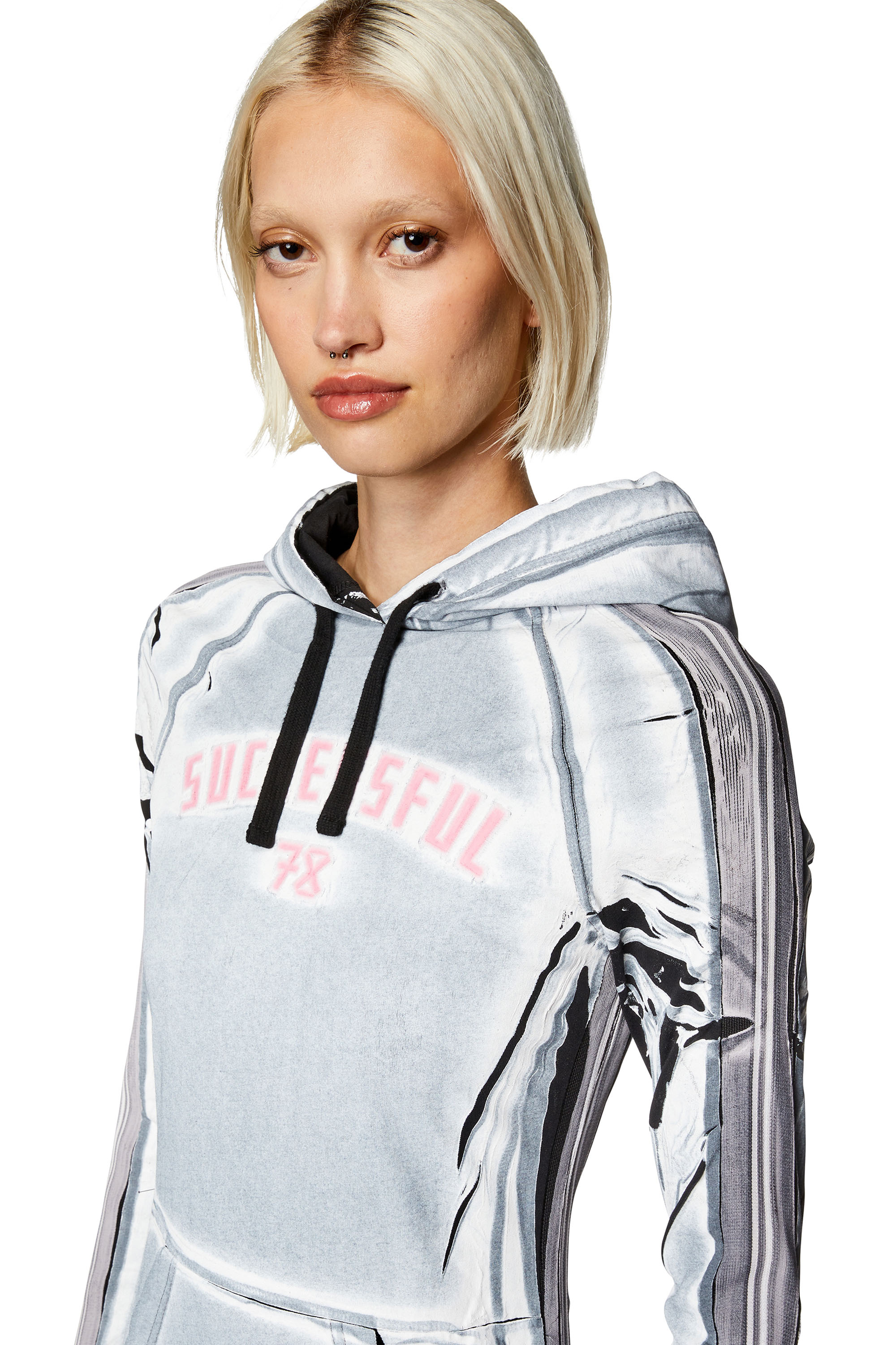 Diesel - D-ARAL, Woman's Hoodie dress with shadowy over print in Light Blue - 4